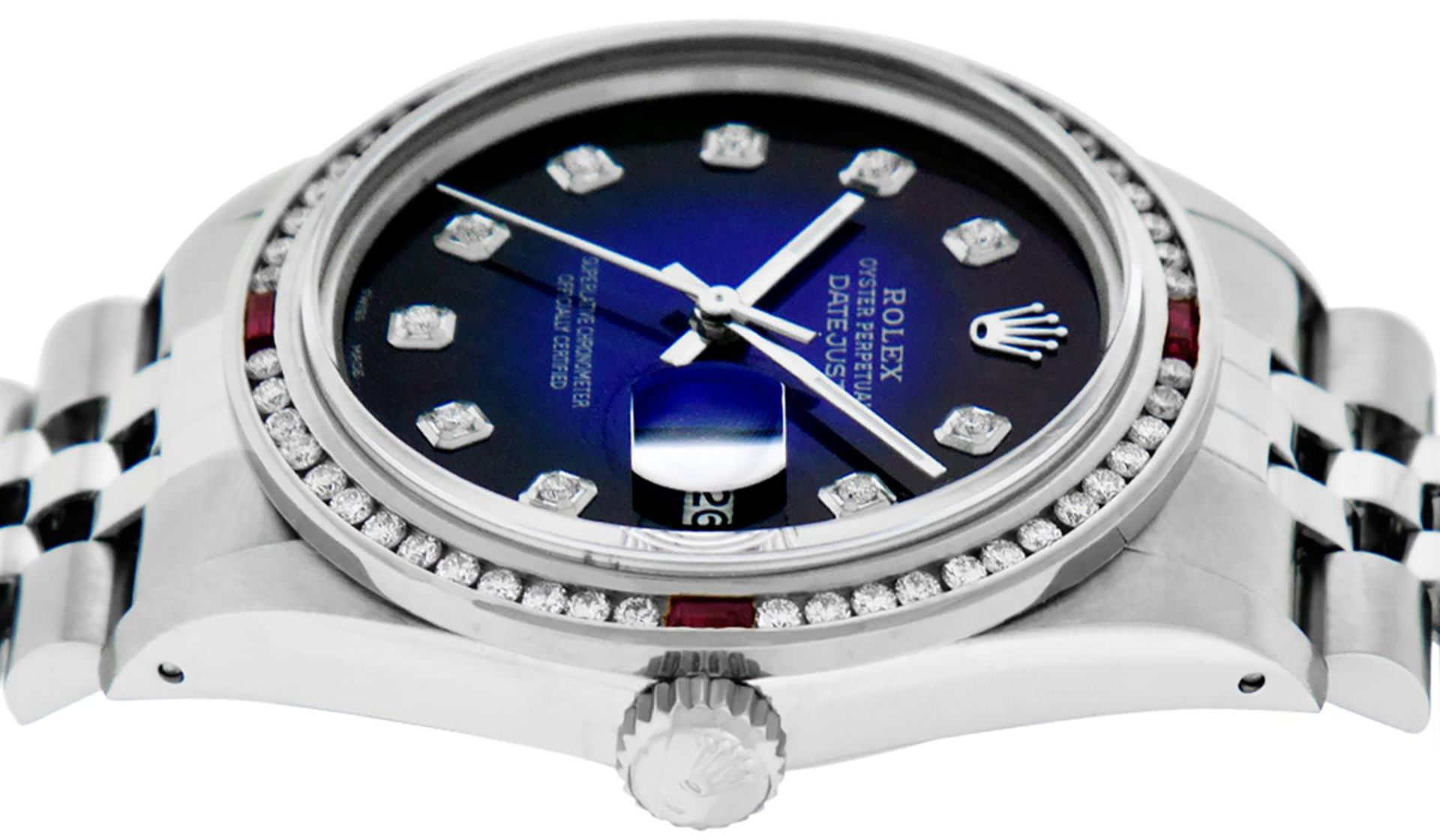 Rolex Mens SS Blue Vignette Diamond & Ruby Channel Set Diamond Datejust - Image 2 of 9