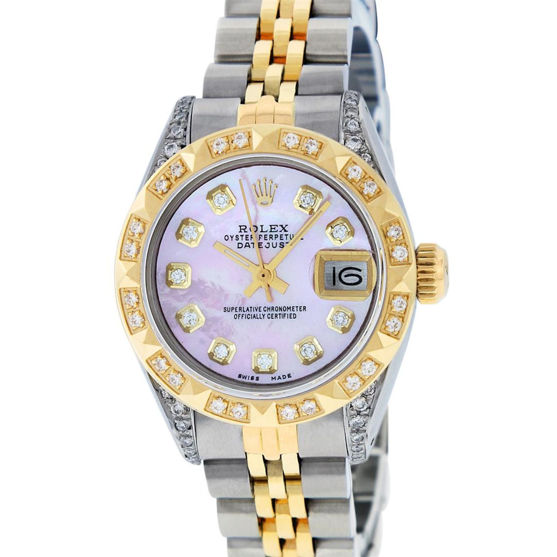 Rolex Ladies 2 Tone Pink MOP Diamond Lugs & Pyramid Datejust Wriswatch - Image 3 of 8