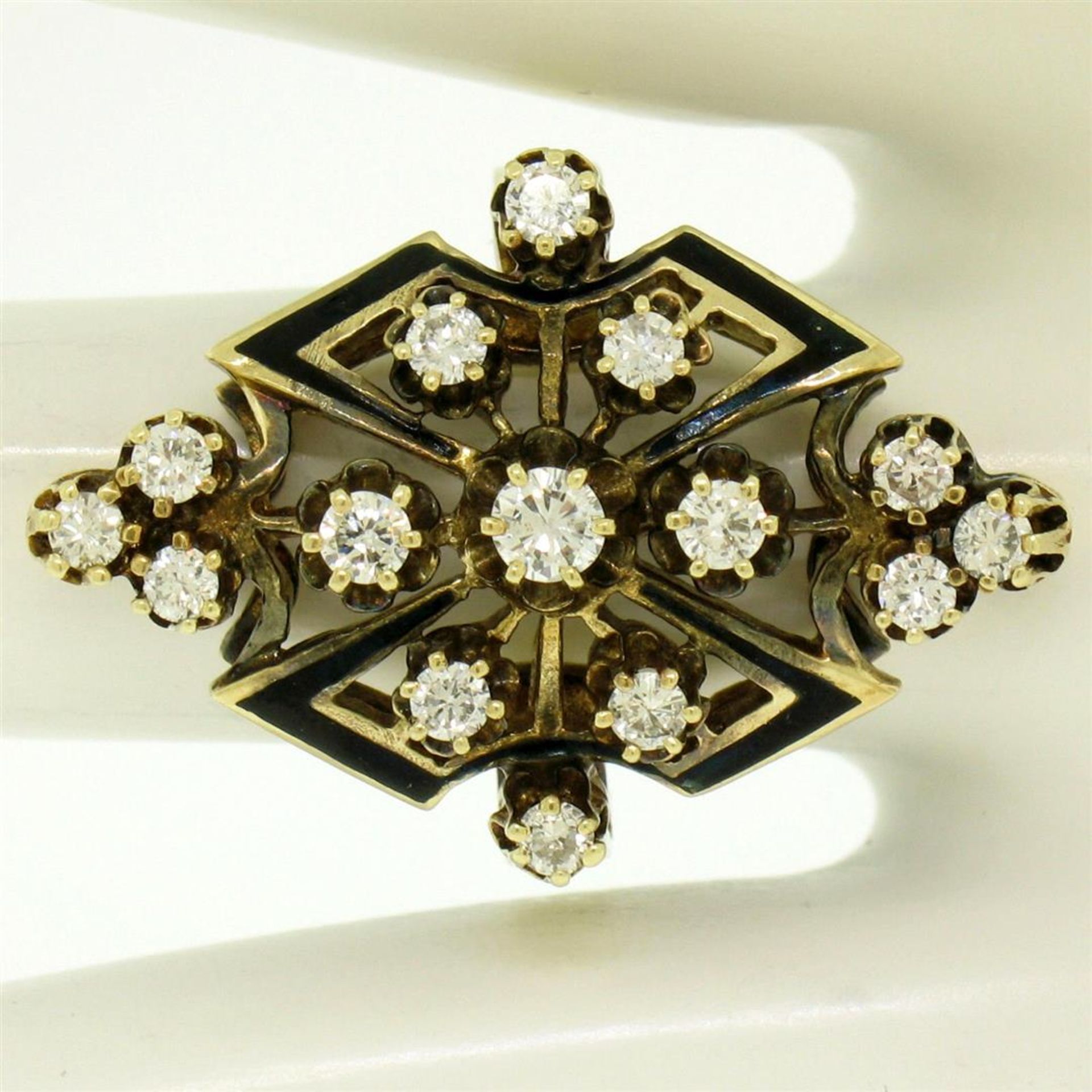 14k Yellow Gold .90 ctw Round Diamond Black Enamel Marquise Cocktail Ring - Image 5 of 8