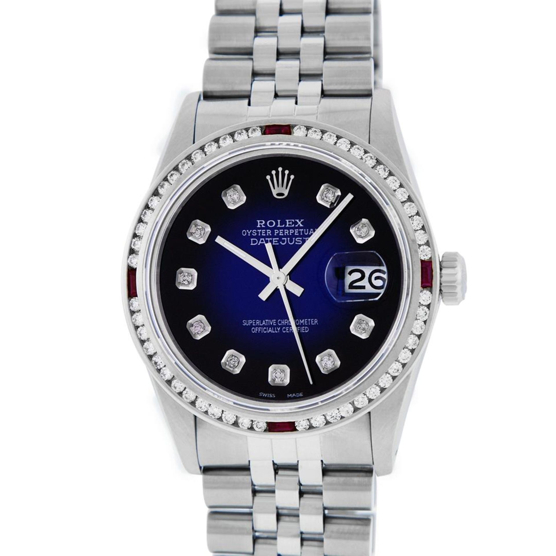 Rolex Mens SS Blue Vignette Diamond & Ruby Channel Set Diamond Datejust - Image 3 of 9