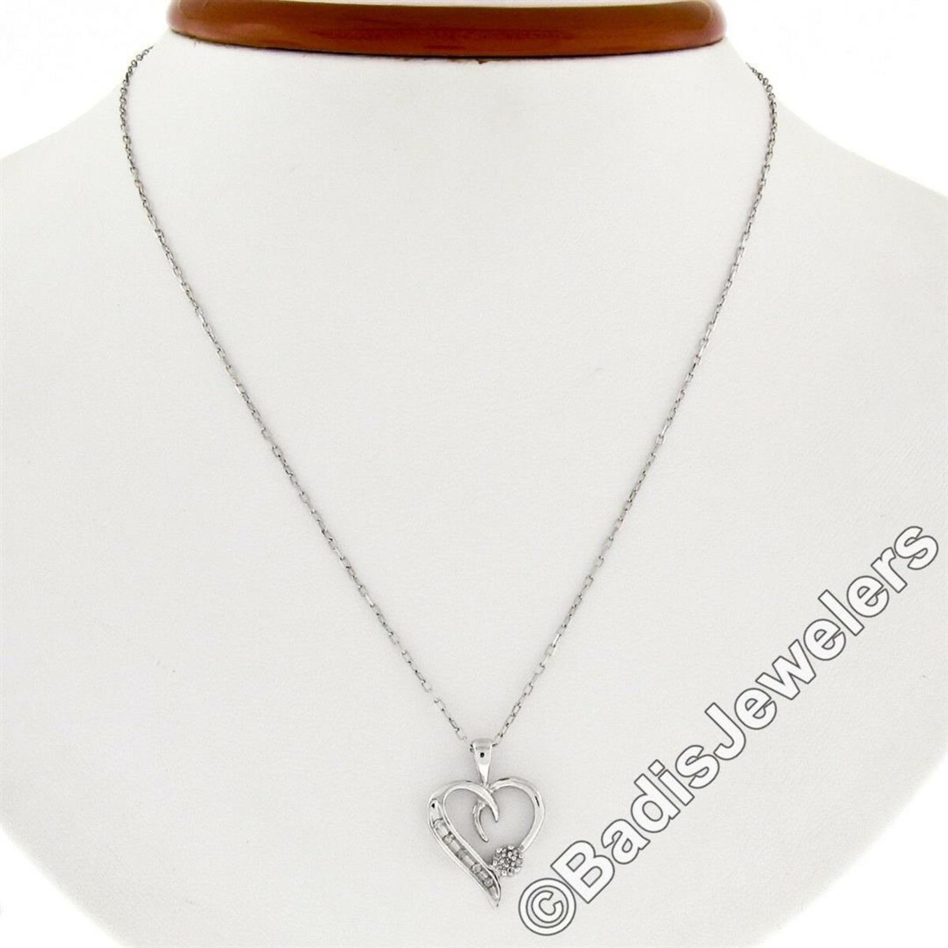 10kt White Gold Pave Set Single Cut Diamond Open Heart Flower Cluster Pendant Ne - Image 3 of 7