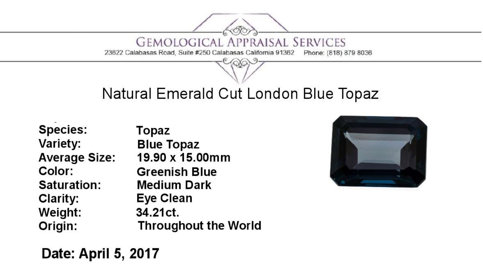 34.21 ct. Natural Emerald Cut London Blue Topaz - Image 3 of 3