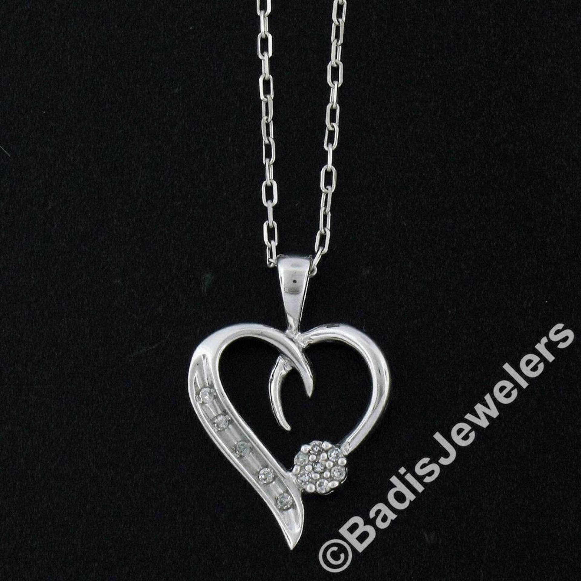 10kt White Gold Pave Set Single Cut Diamond Open Heart Flower Cluster Pendant Ne - Image 2 of 7