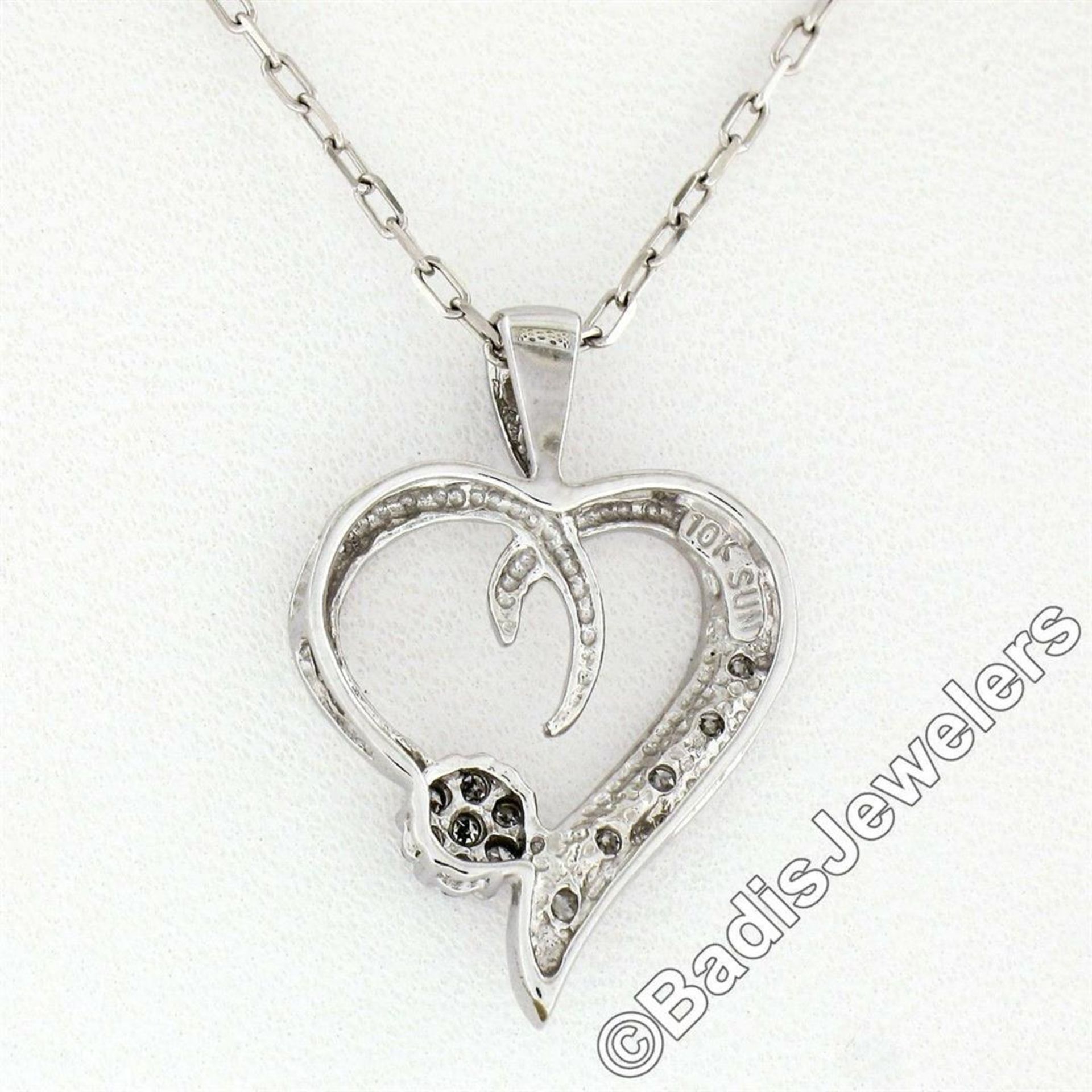 10kt White Gold Pave Set Single Cut Diamond Open Heart Flower Cluster Pendant Ne - Image 6 of 7