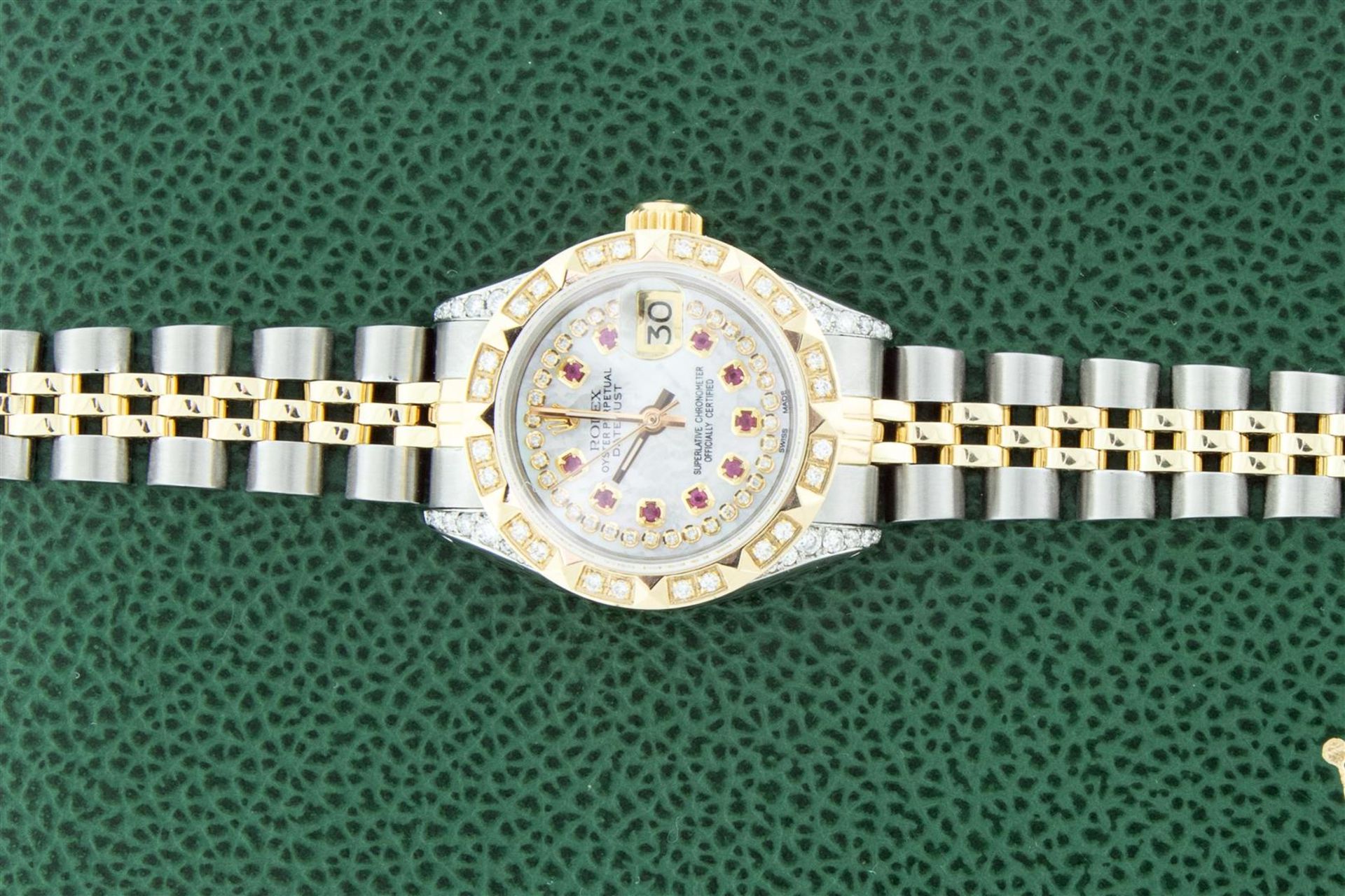 Rolex Ladies 2 Tone MOP Ruby & Pyramid Diamond Datejust Wriswatch With Rolex Box - Image 4 of 9