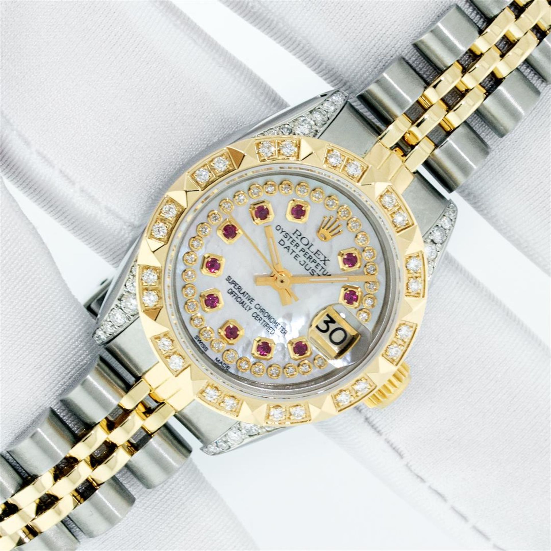 Rolex Ladies 2 Tone MOP Ruby & Pyramid Diamond Datejust Wriswatch With Rolex Box - Image 3 of 9