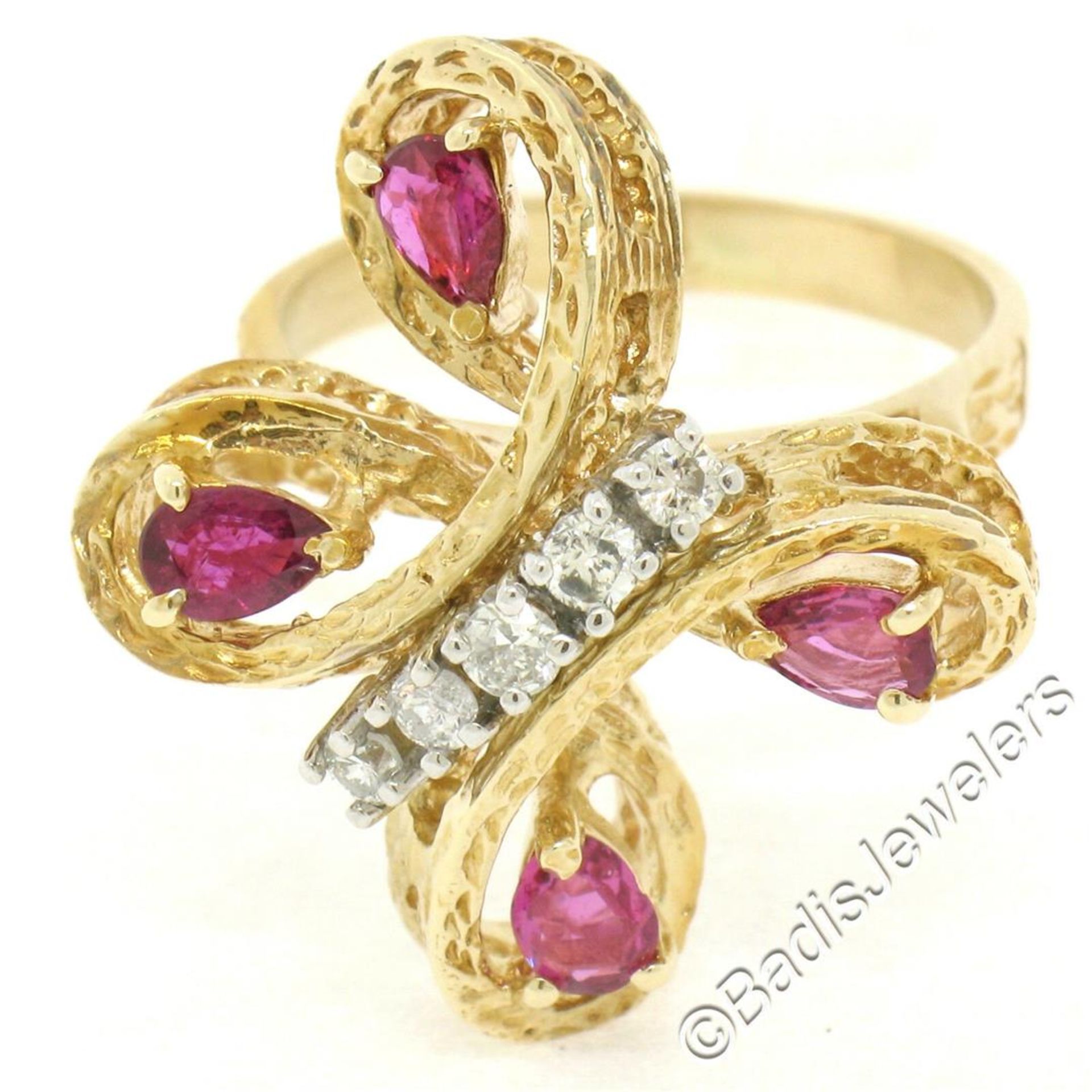 Vintage Detailed 14kt Yellow Gold 1.35 ctw Pear Ruby Round Diamond Open Butterfl