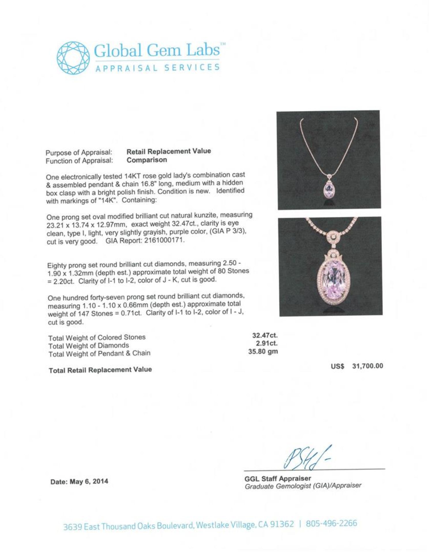 14KT Rose Gold 32.47 ctw GIA Certified Kunzite and Diamond Pendant With Chain - Image 3 of 4