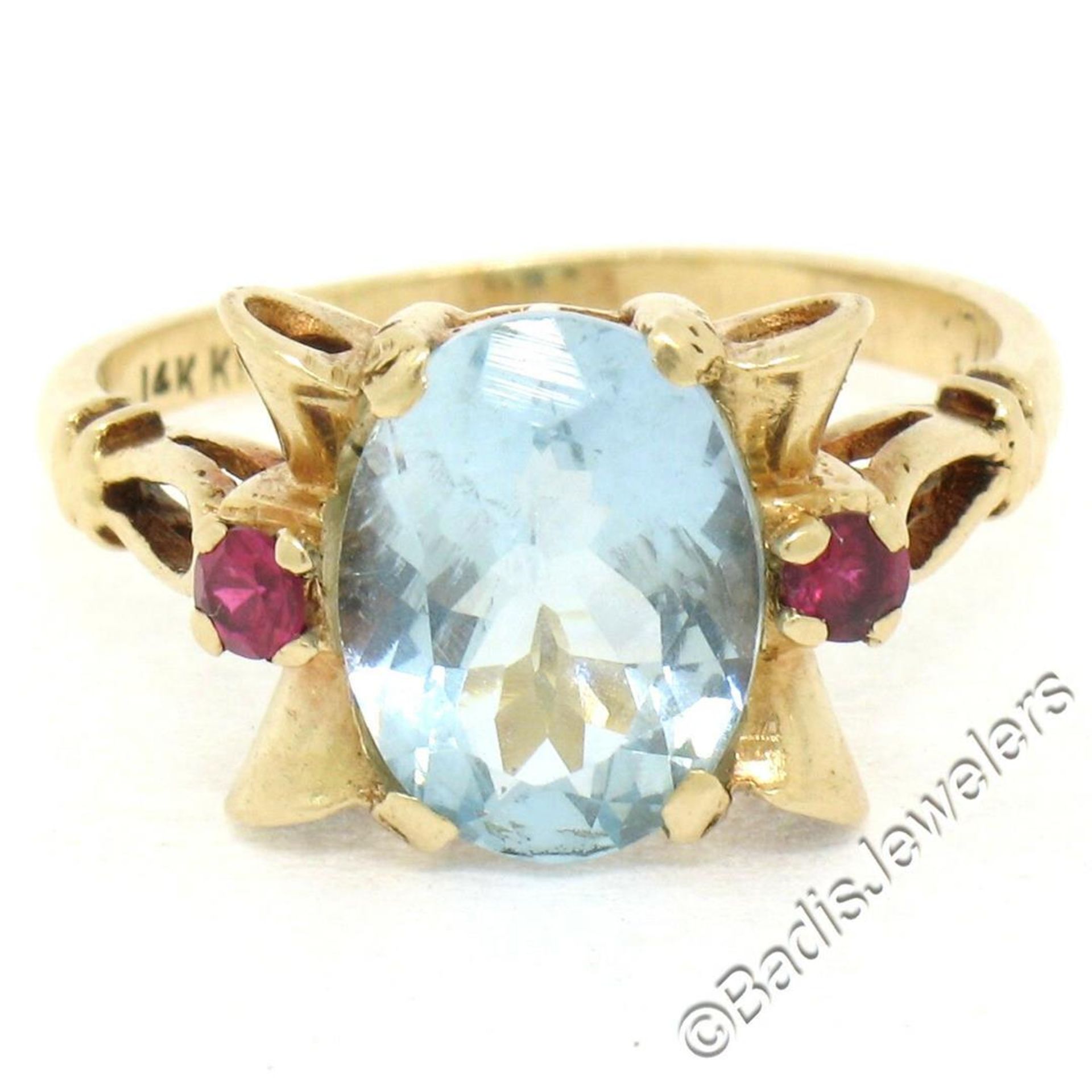 Retro 14kt Yellow Gold 2.18 ctw Aquamarine Solitaire and Synthetic Ruby Ring - Image 4 of 9