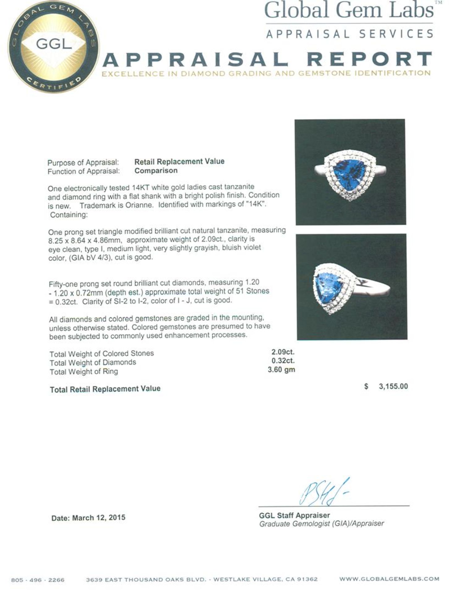 14KT White Gold 2.09 ctw Tanzanite and Diamond Ring - Image 5 of 5