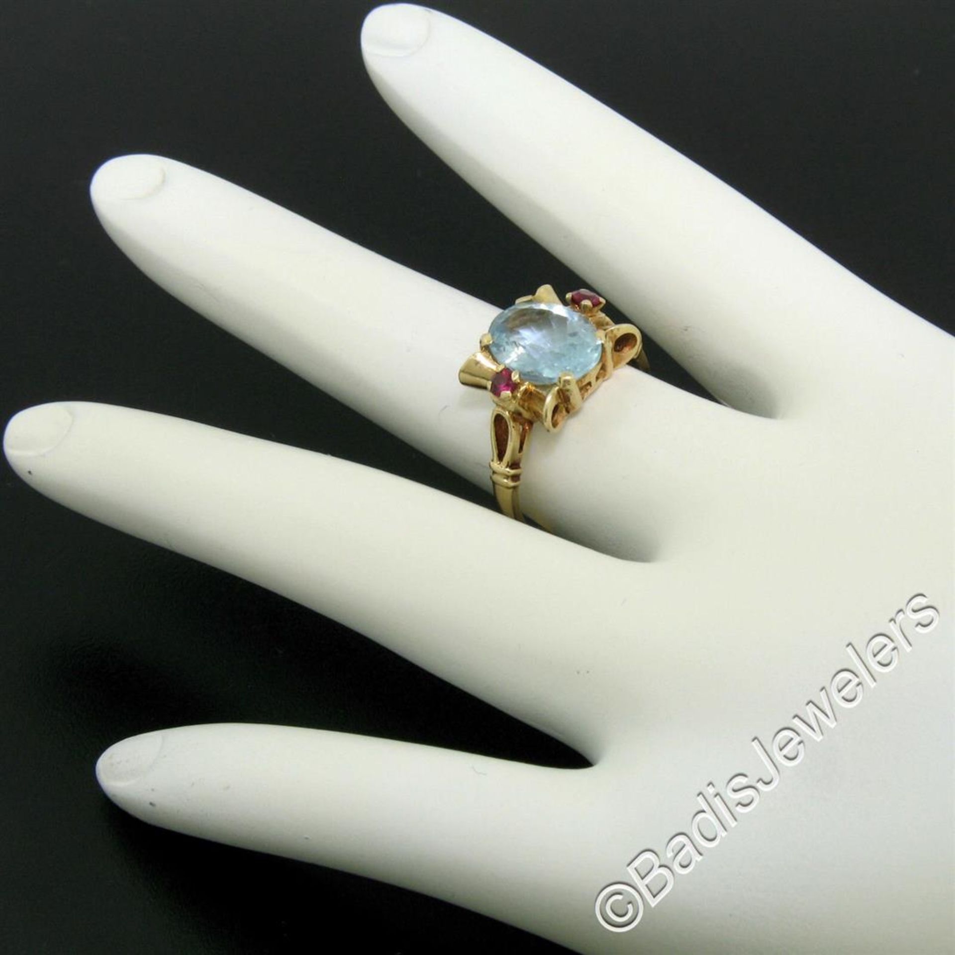 Retro 14kt Yellow Gold 2.18 ctw Aquamarine Solitaire and Synthetic Ruby Ring - Image 9 of 9