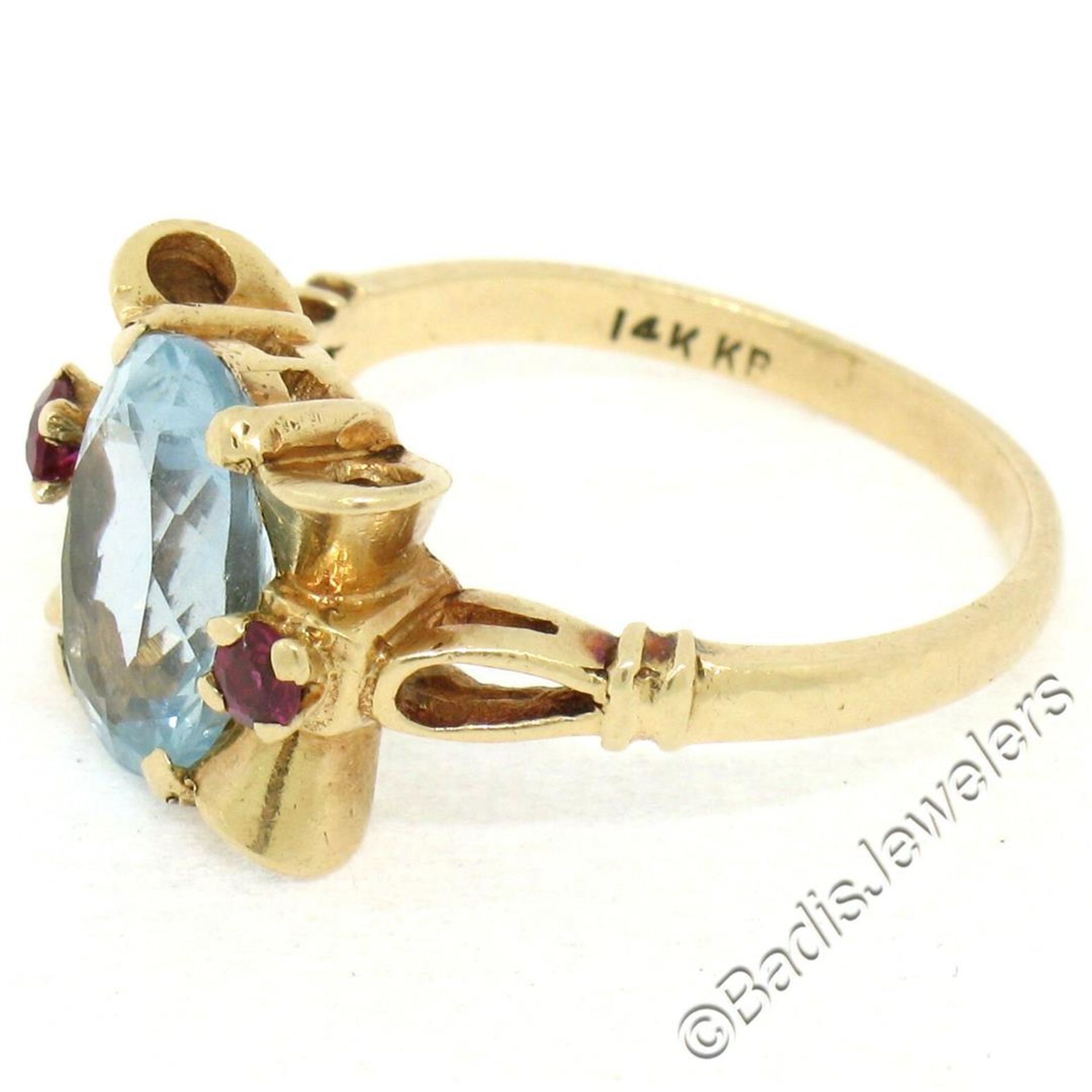 Retro 14kt Yellow Gold 2.18 ctw Aquamarine Solitaire and Synthetic Ruby Ring - Image 5 of 9
