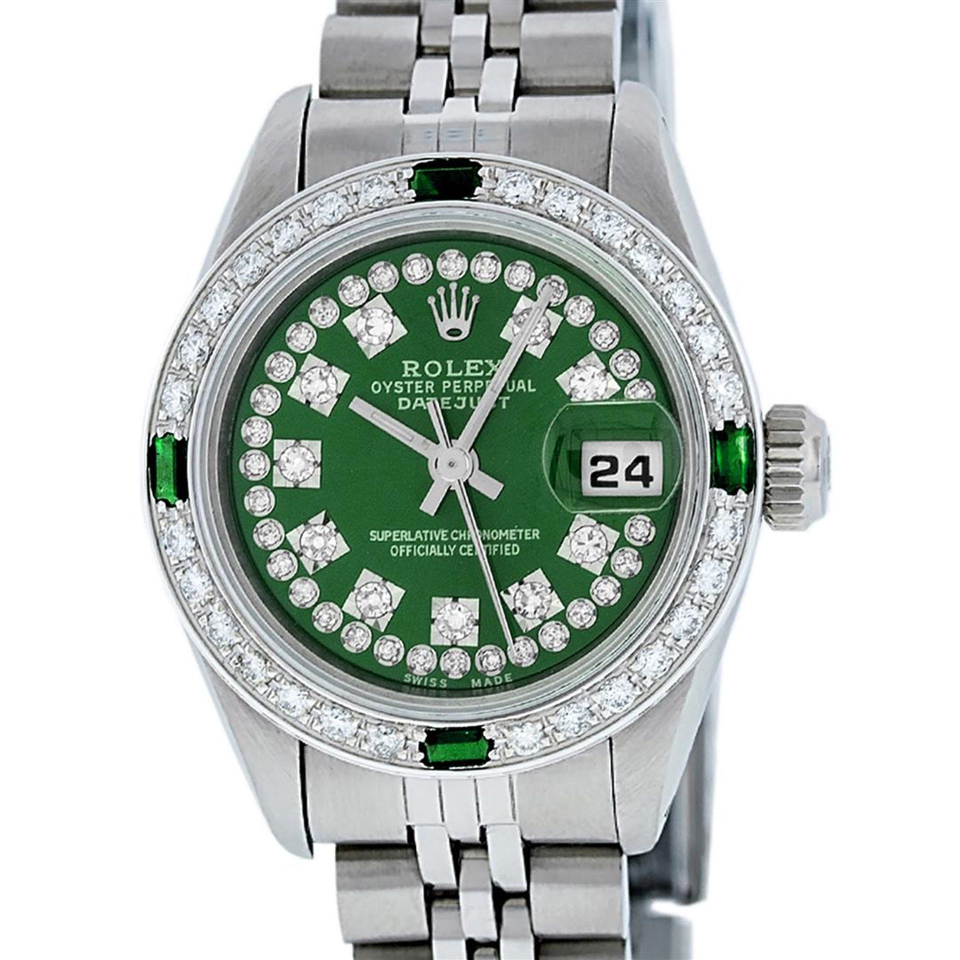 Rolex Ladies Stainless Steel Green Emerald & Diamond Datejust Wristwatch 26MM