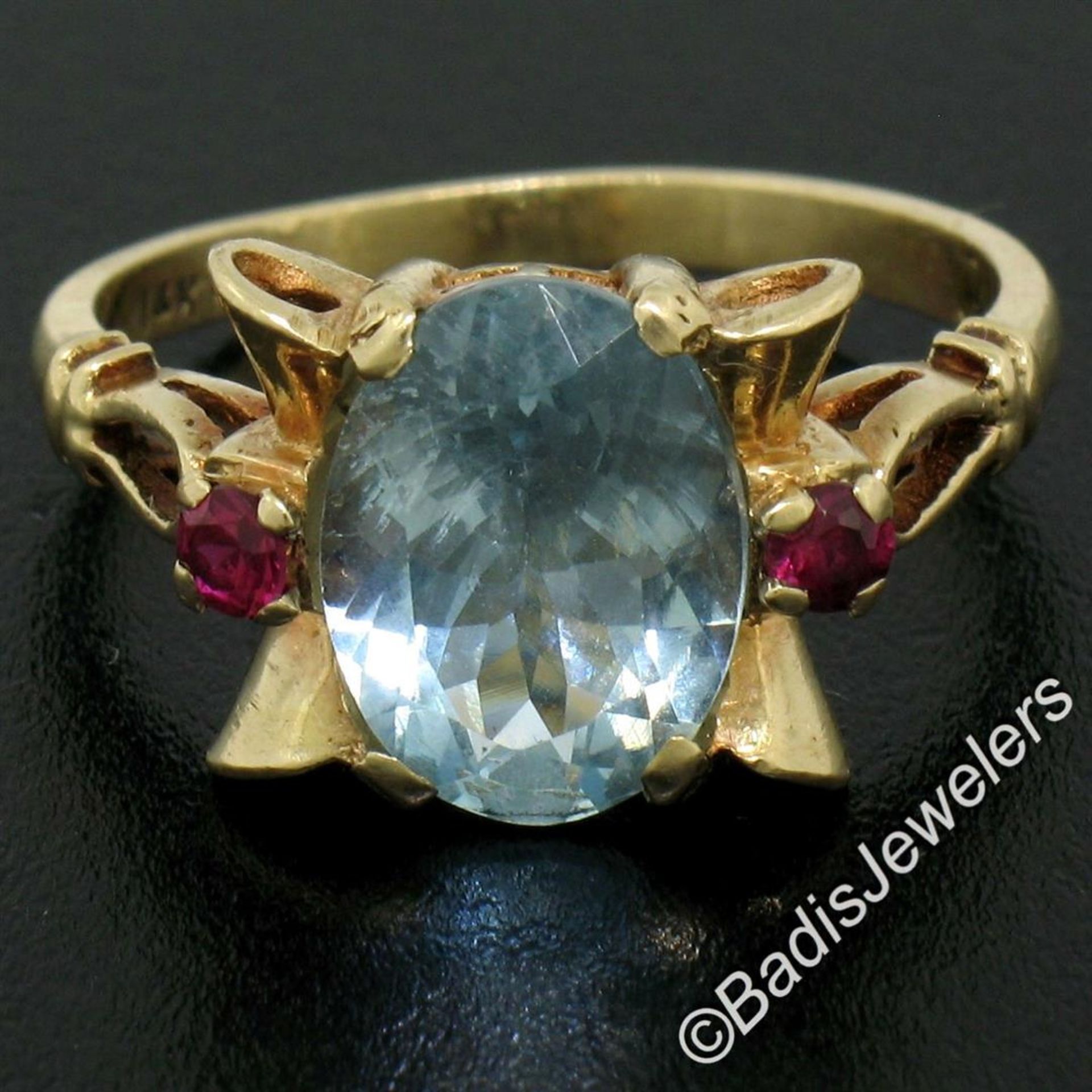 Retro 14kt Yellow Gold 2.18 ctw Aquamarine Solitaire and Synthetic Ruby Ring - Image 6 of 9