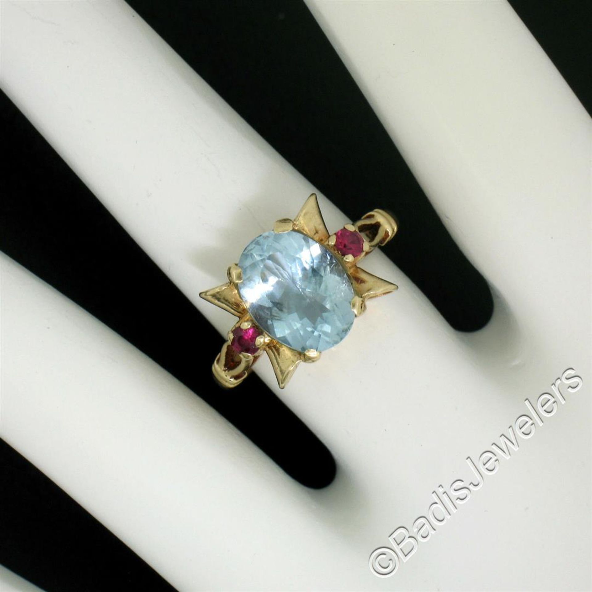 Retro 14kt Yellow Gold 2.18 ctw Aquamarine Solitaire and Synthetic Ruby Ring - Image 2 of 9