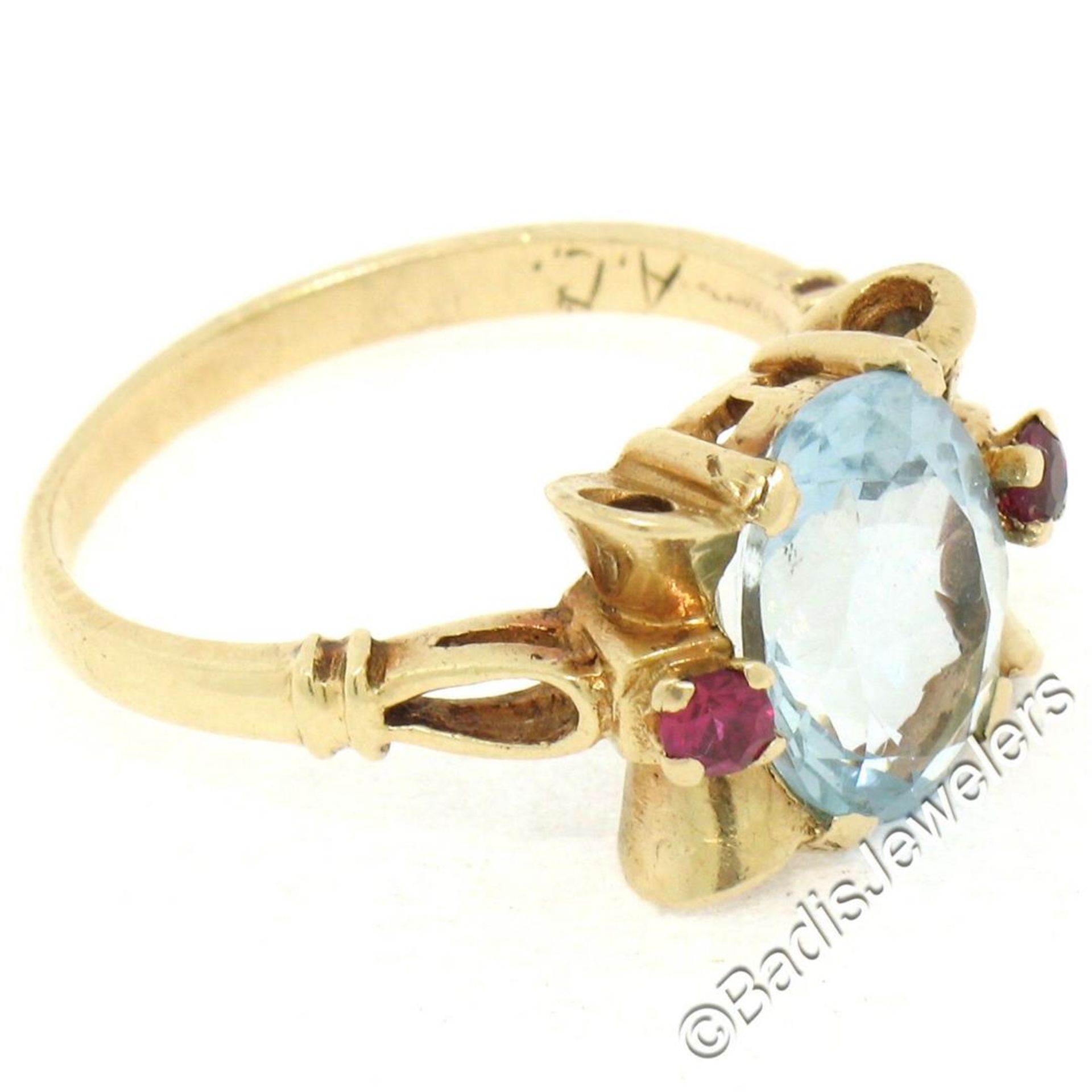 Retro 14kt Yellow Gold 2.18 ctw Aquamarine Solitaire and Synthetic Ruby Ring - Image 3 of 9