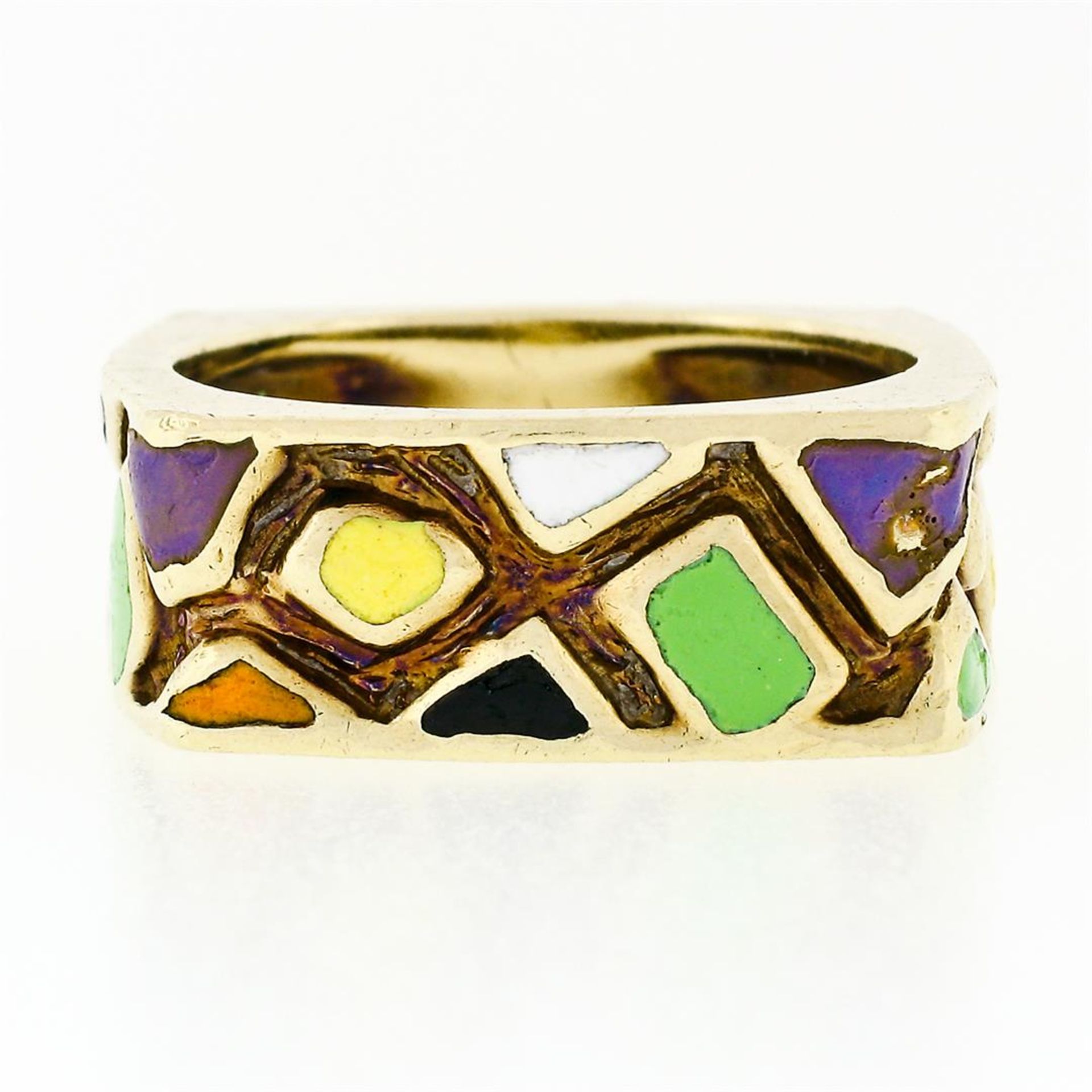 Vintage Martine 14k Gold Multicolored Enamel Mosaic Squared Eternity Band Ring - Image 6 of 9