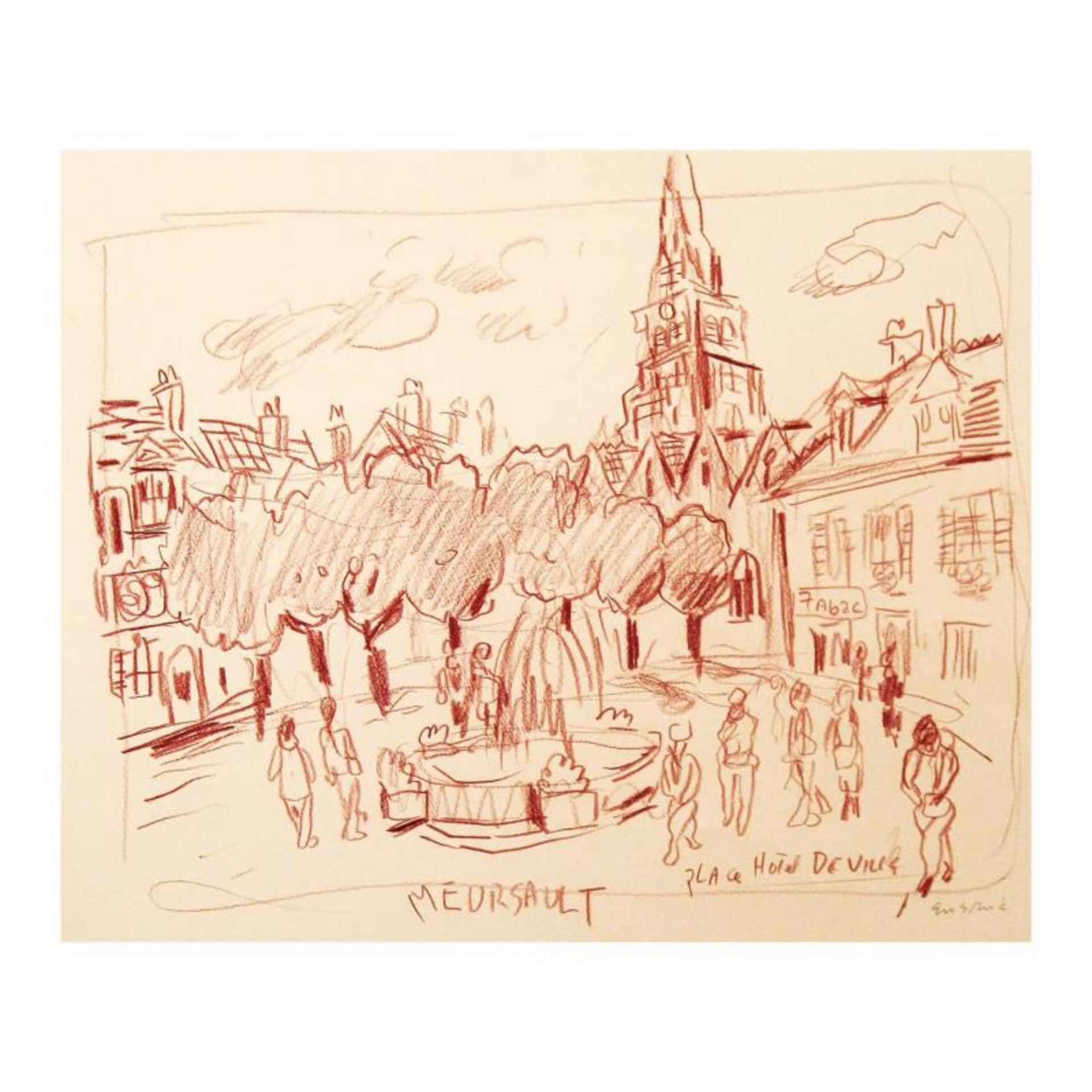Wayne Ensrud "Meursault, Burgundy, Place Hotel de Ville" Pencil Original Artwork