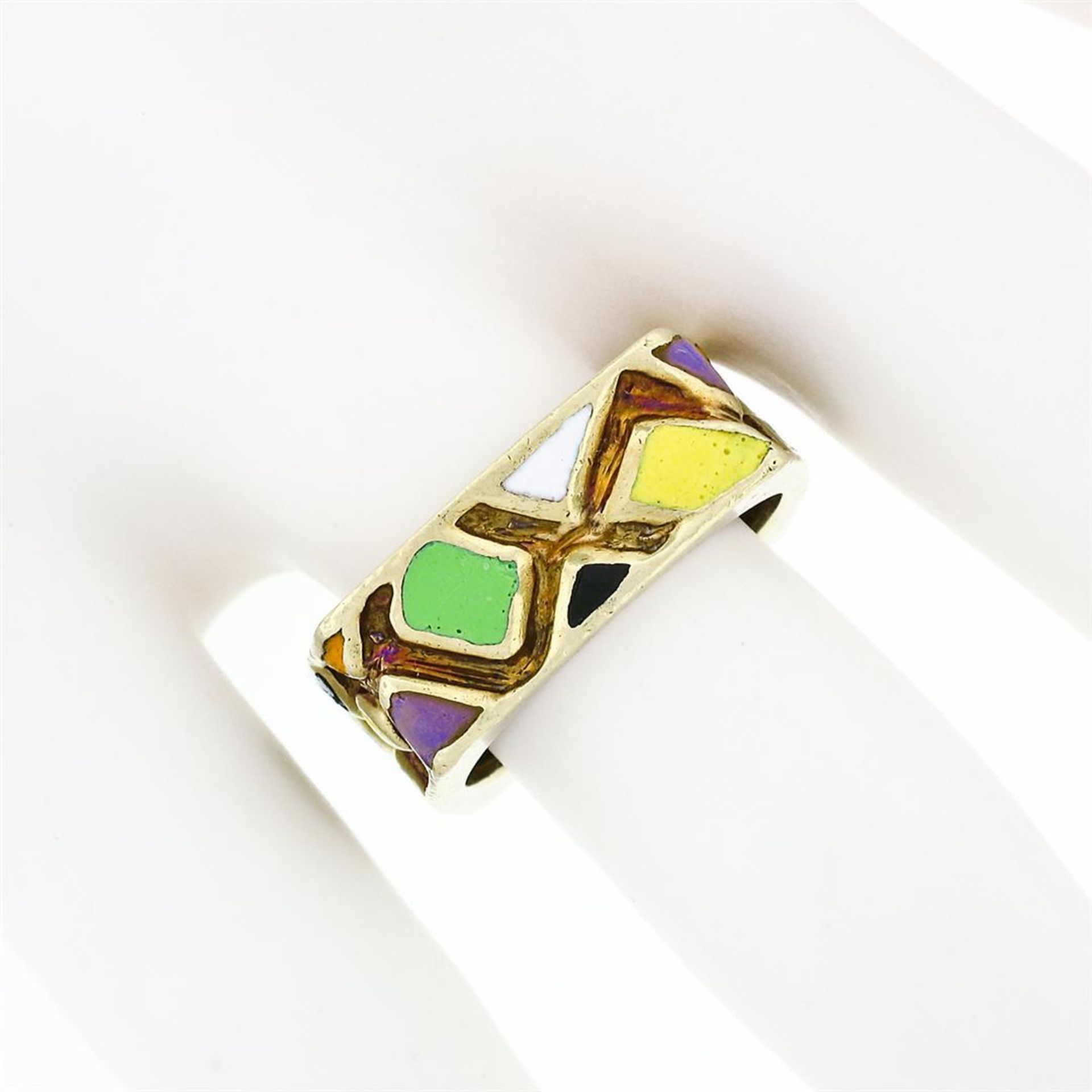 Vintage Martine 14k Gold Multicolored Enamel Mosaic Squared Eternity Band Ring - Image 3 of 9