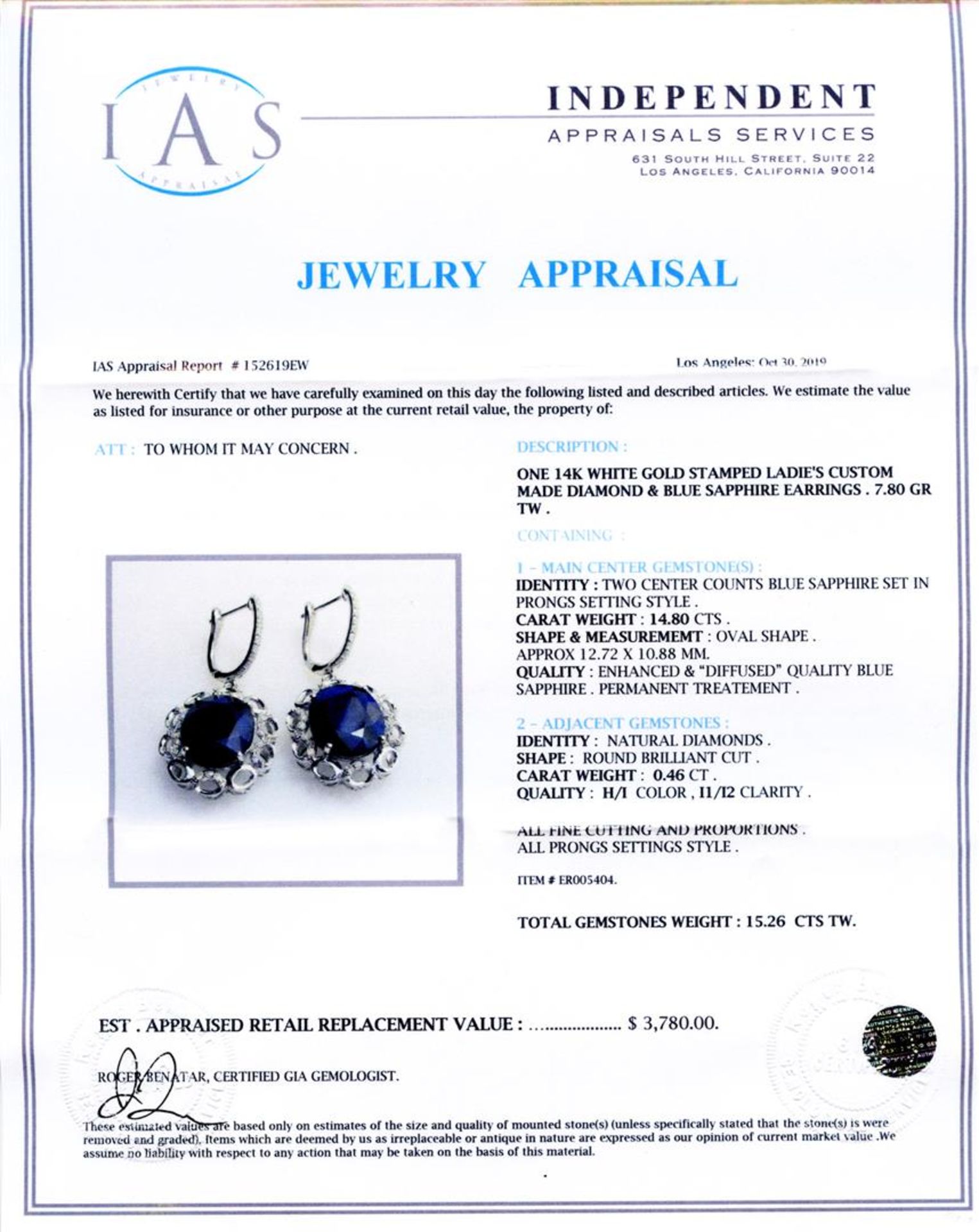 14.80 ctw Blue Sapphire and 0.46 ctw Diamond 14K White Gold Earrings - Image 4 of 4