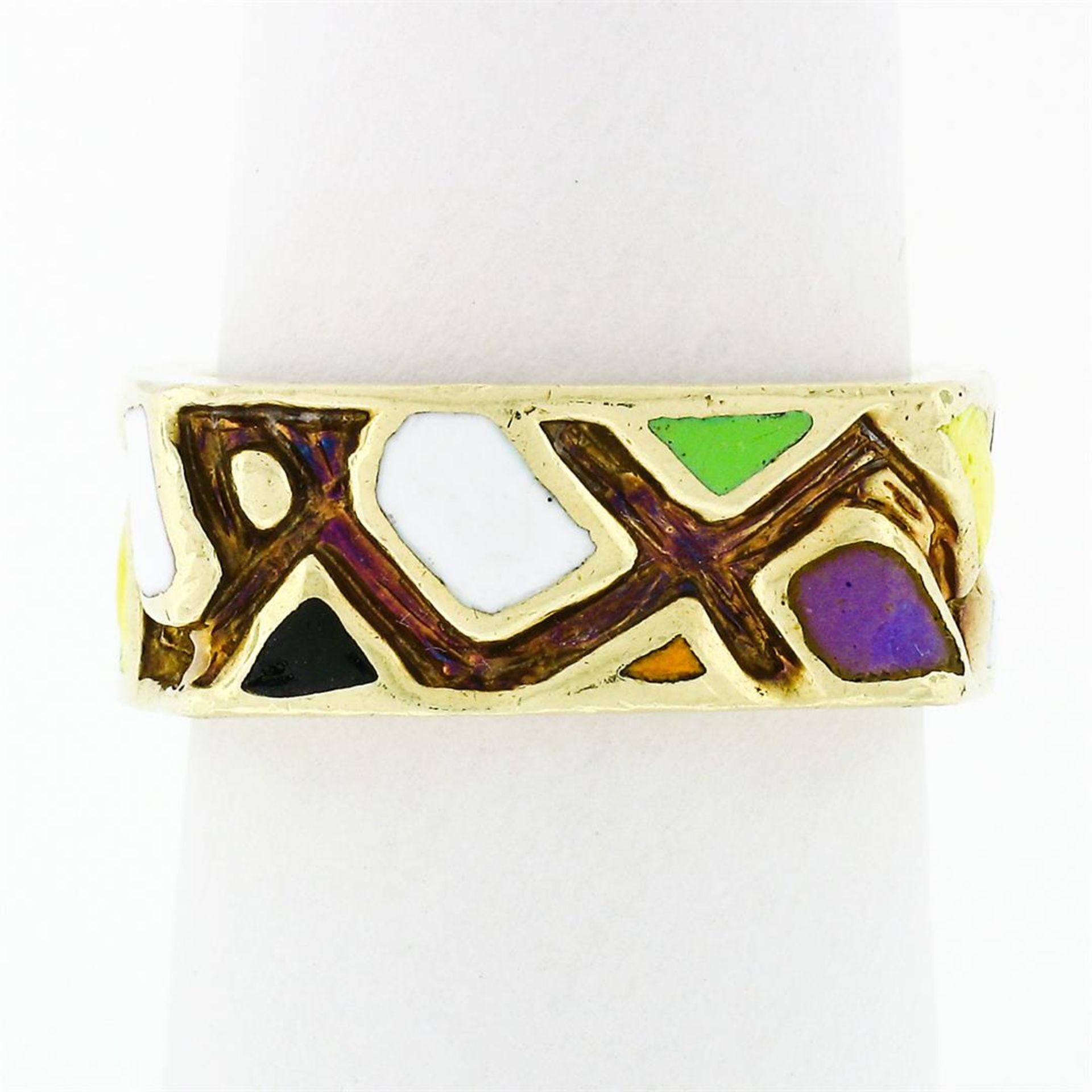 Vintage Martine 14k Gold Multicolored Enamel Mosaic Squared Eternity Band Ring