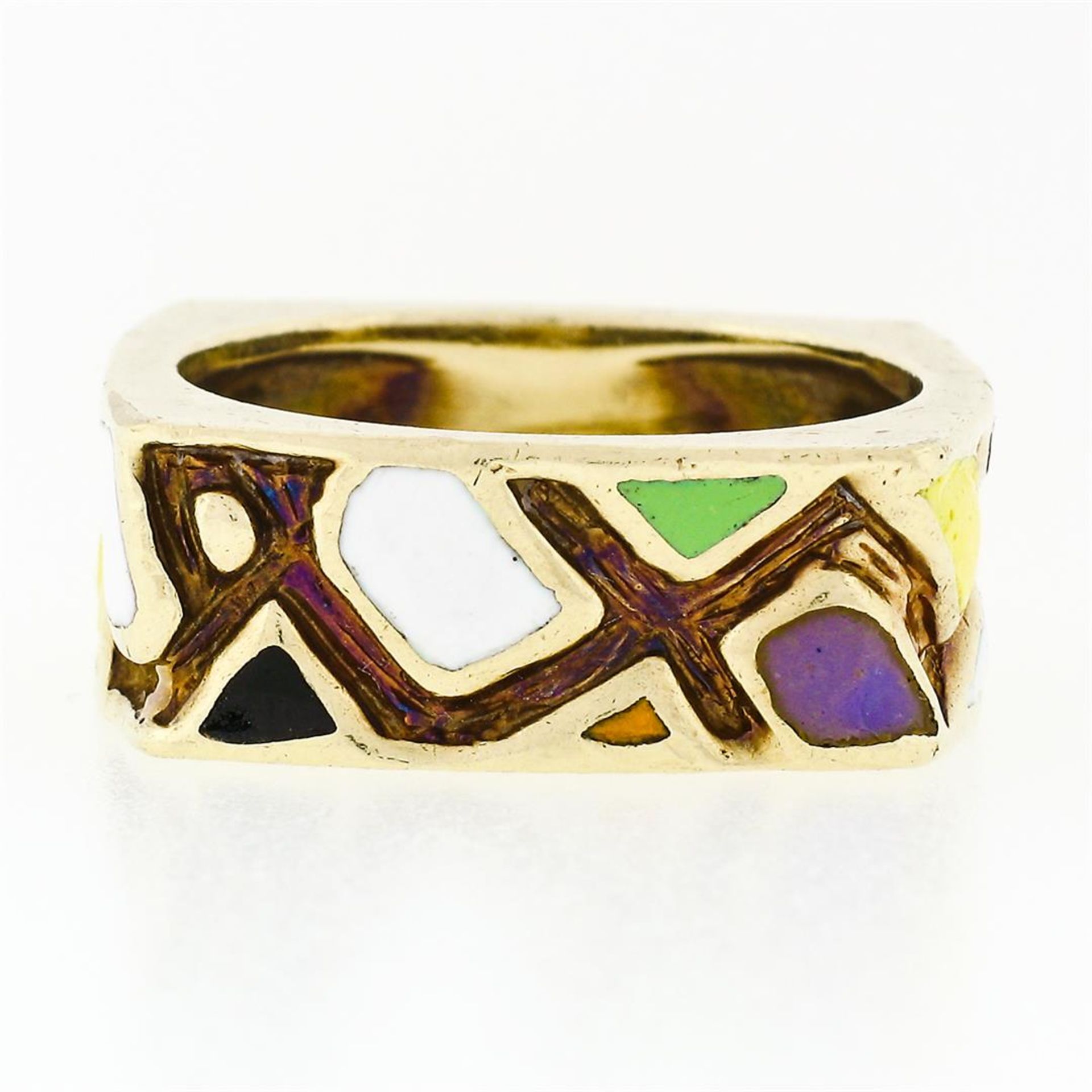 Vintage Martine 14k Gold Multicolored Enamel Mosaic Squared Eternity Band Ring - Image 4 of 9