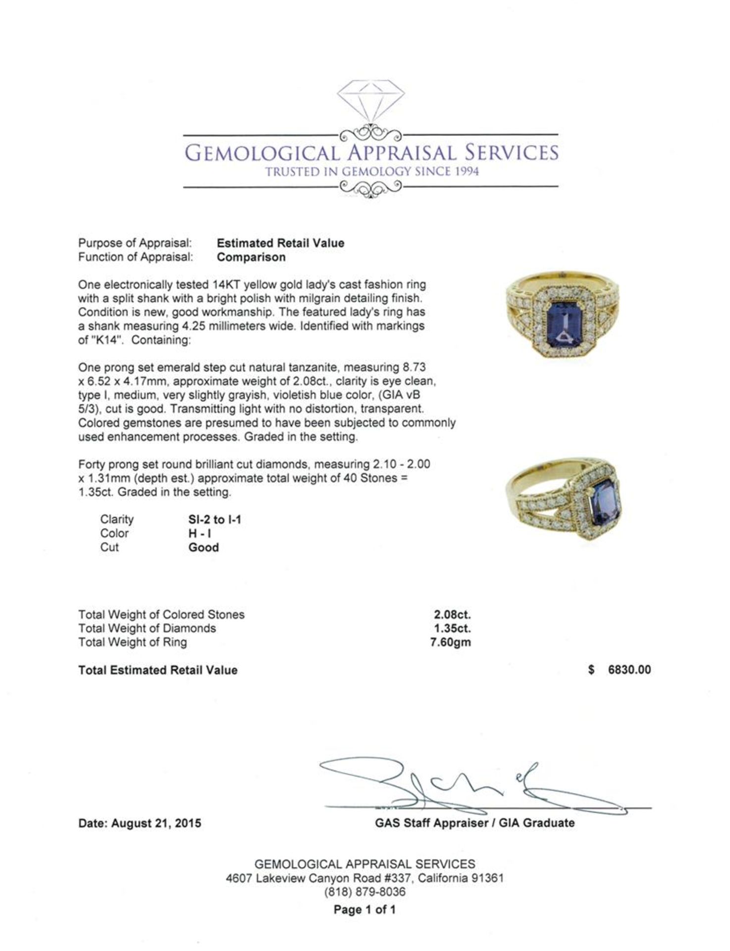 2.08 ctw Tanzanite and Diamond Ring - 14KT Yellow Gold - Image 3 of 3