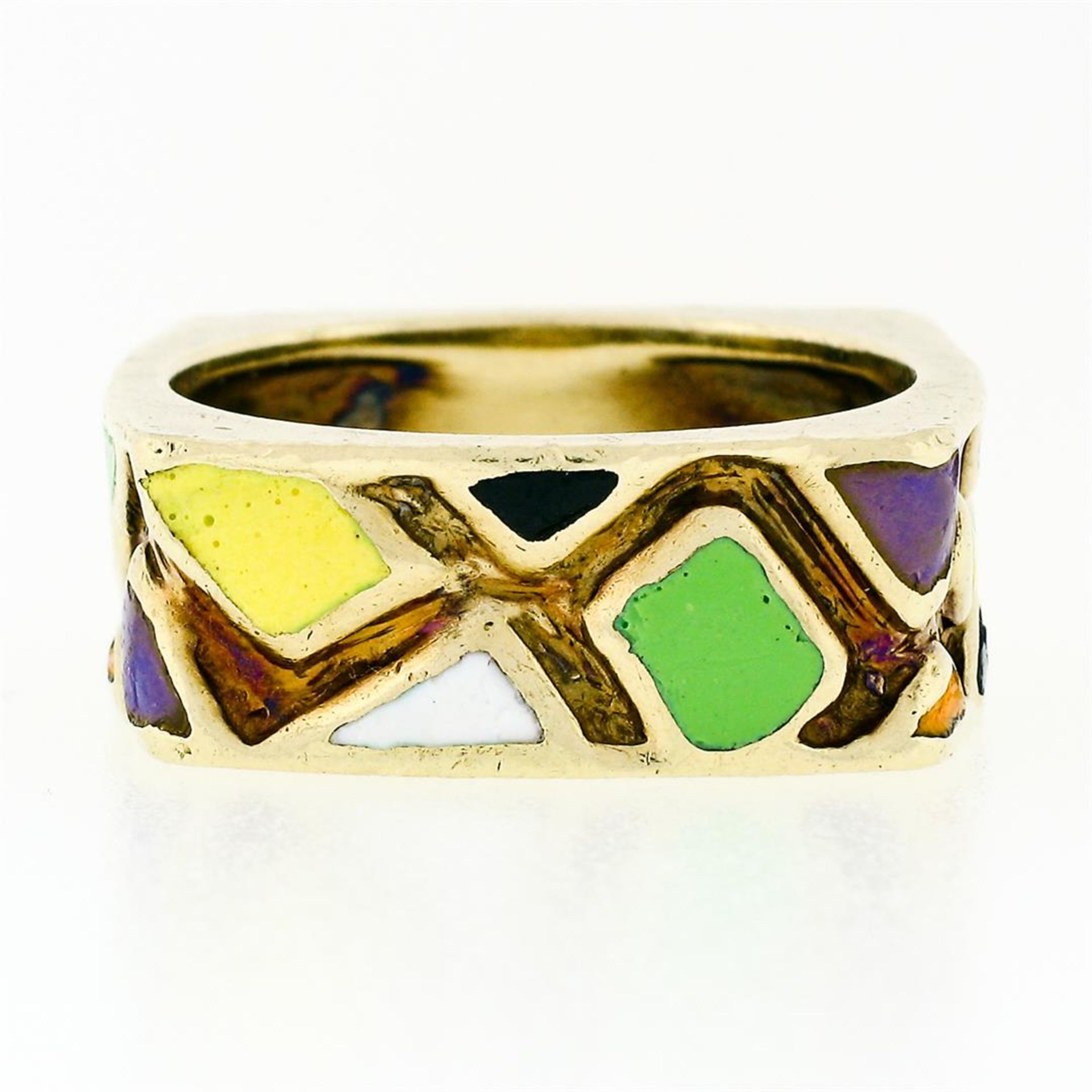 Vintage Martine 14k Gold Multicolored Enamel Mosaic Squared Eternity Band Ring - Image 5 of 9