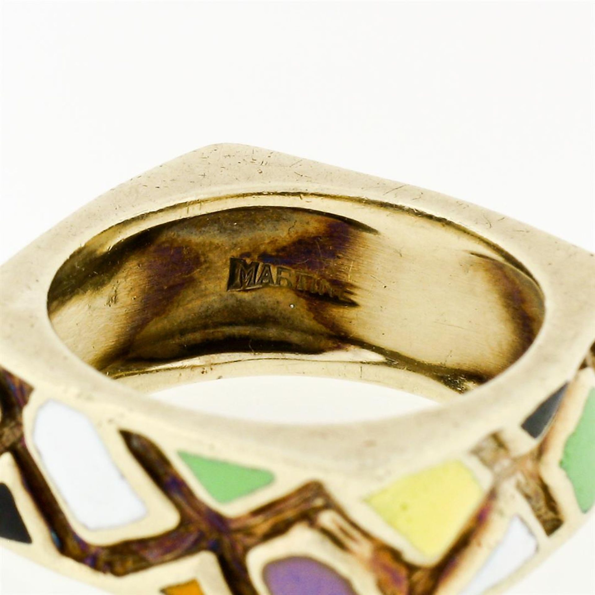 Vintage Martine 14k Gold Multicolored Enamel Mosaic Squared Eternity Band Ring - Image 8 of 9