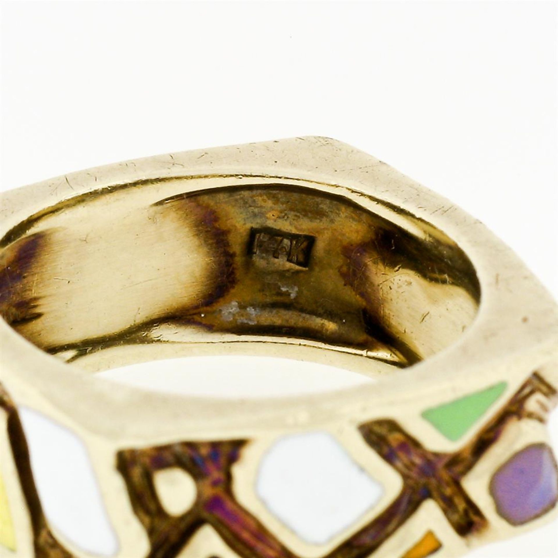 Vintage Martine 14k Gold Multicolored Enamel Mosaic Squared Eternity Band Ring - Image 9 of 9