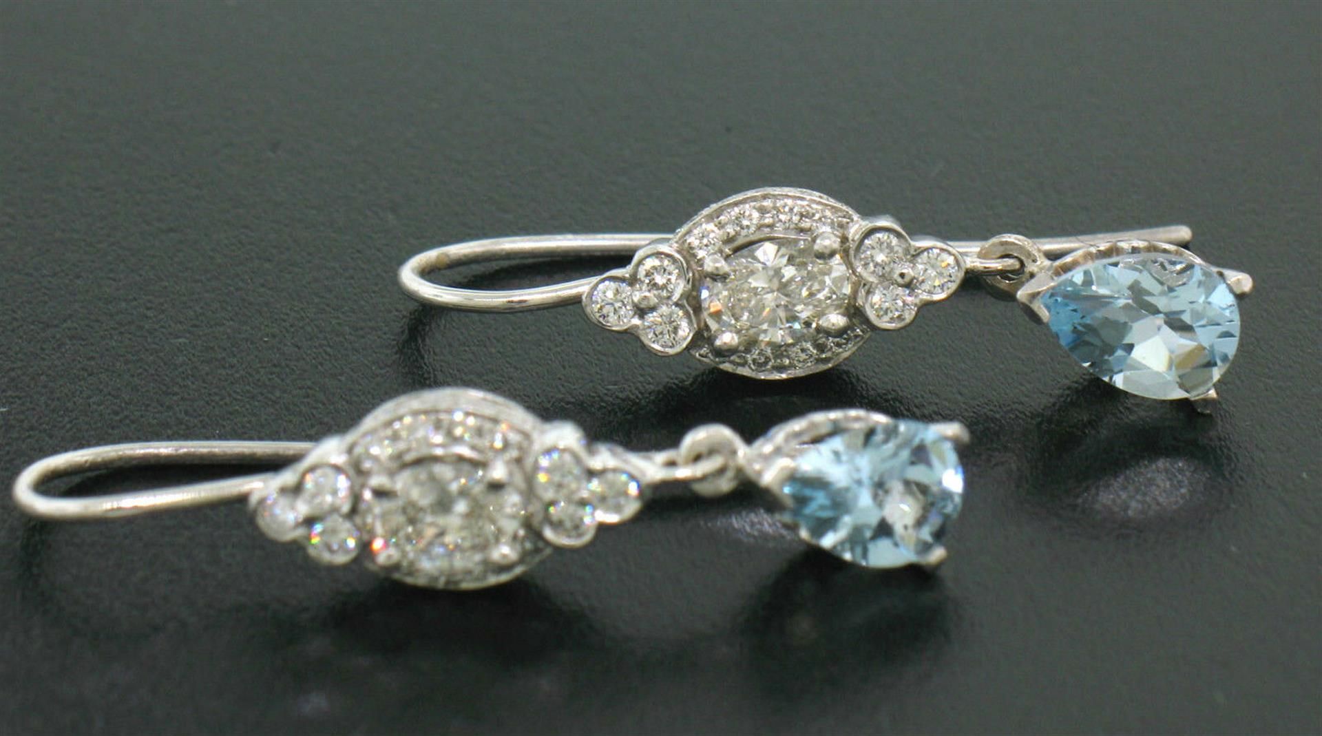 18K Solid White Gold Dangle Drop Earrings w/ an Oval Diamond & Pear Aquamarine - Image 3 of 5