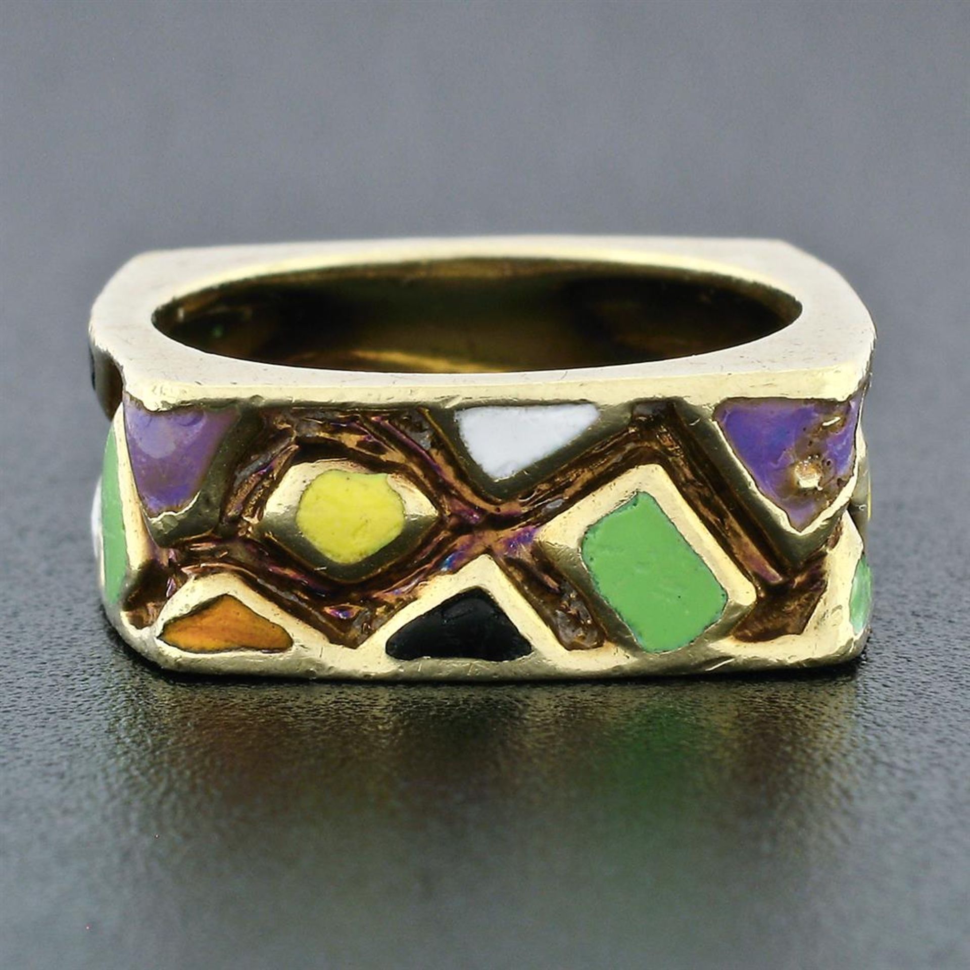 Vintage Martine 14k Gold Multicolored Enamel Mosaic Squared Eternity Band Ring - Image 2 of 9