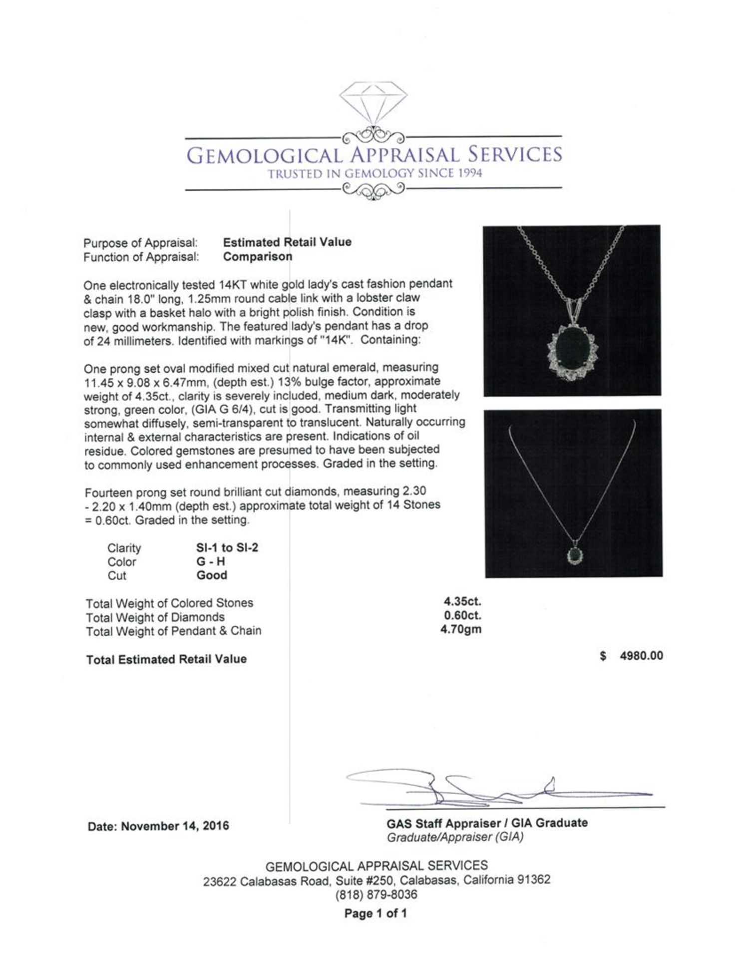 4.35 ctw Emerald and Diamond Pendant With Chain - 14KT White Gold - Image 3 of 3