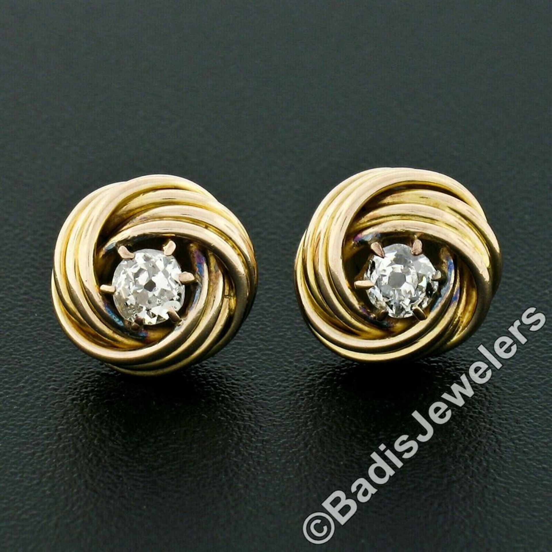 Victorian 14kt Yellow Gold 0.36 ctw Old Mine Cut Diamond Love Knot Stud Earrings - Image 2 of 5
