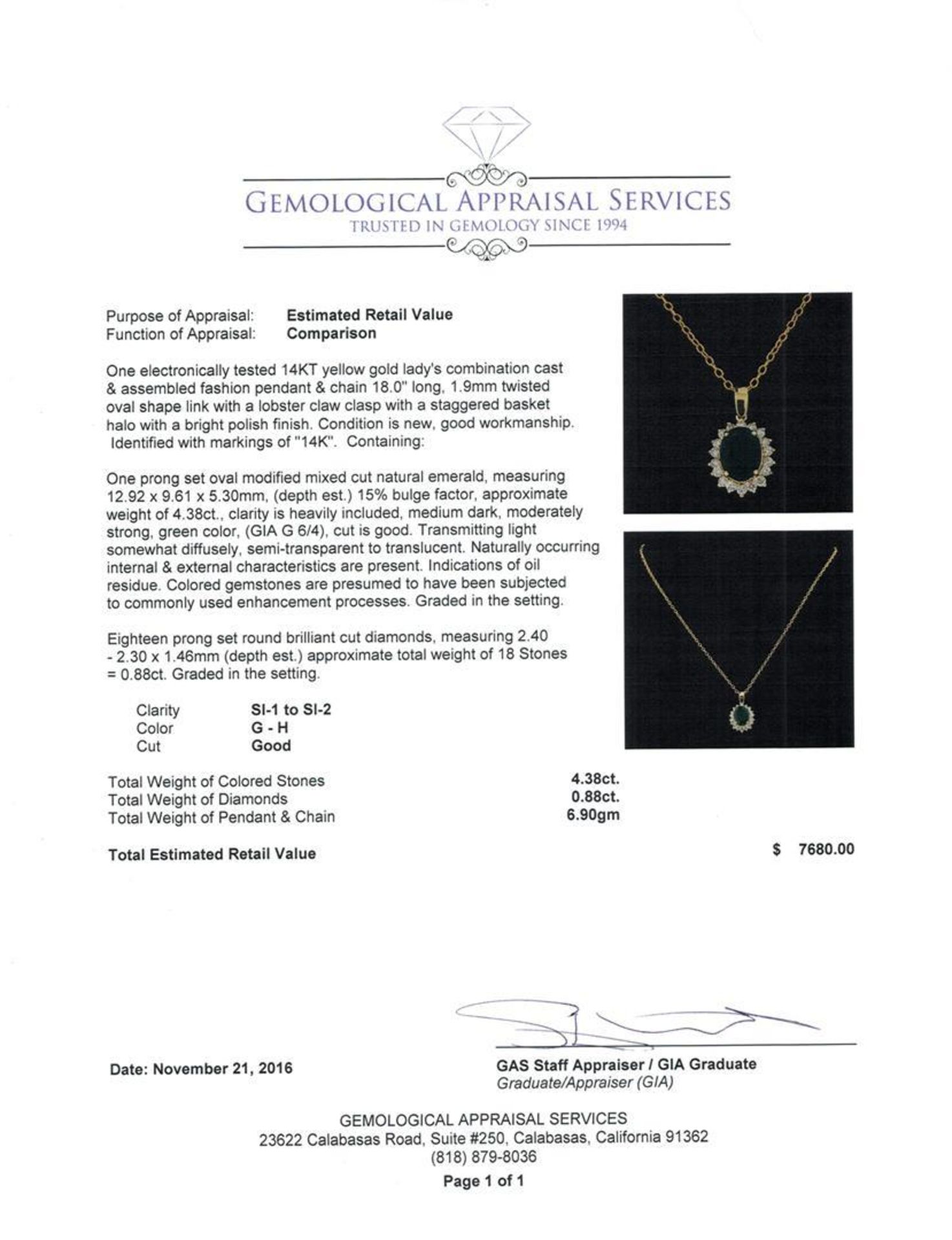 4.38 ctw Emerald and Diamond Pendant With Chain - 14KT Yellow Gold - Image 3 of 3