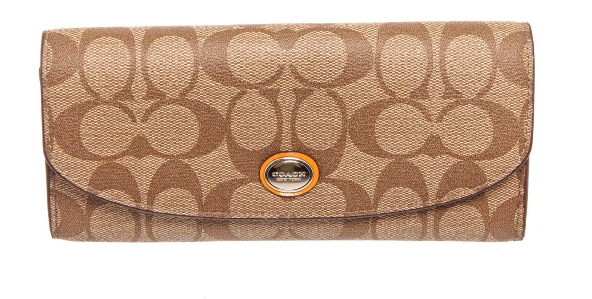 Coach Beige Signature Coated Canvas Peyton Slim Envelope Wallet