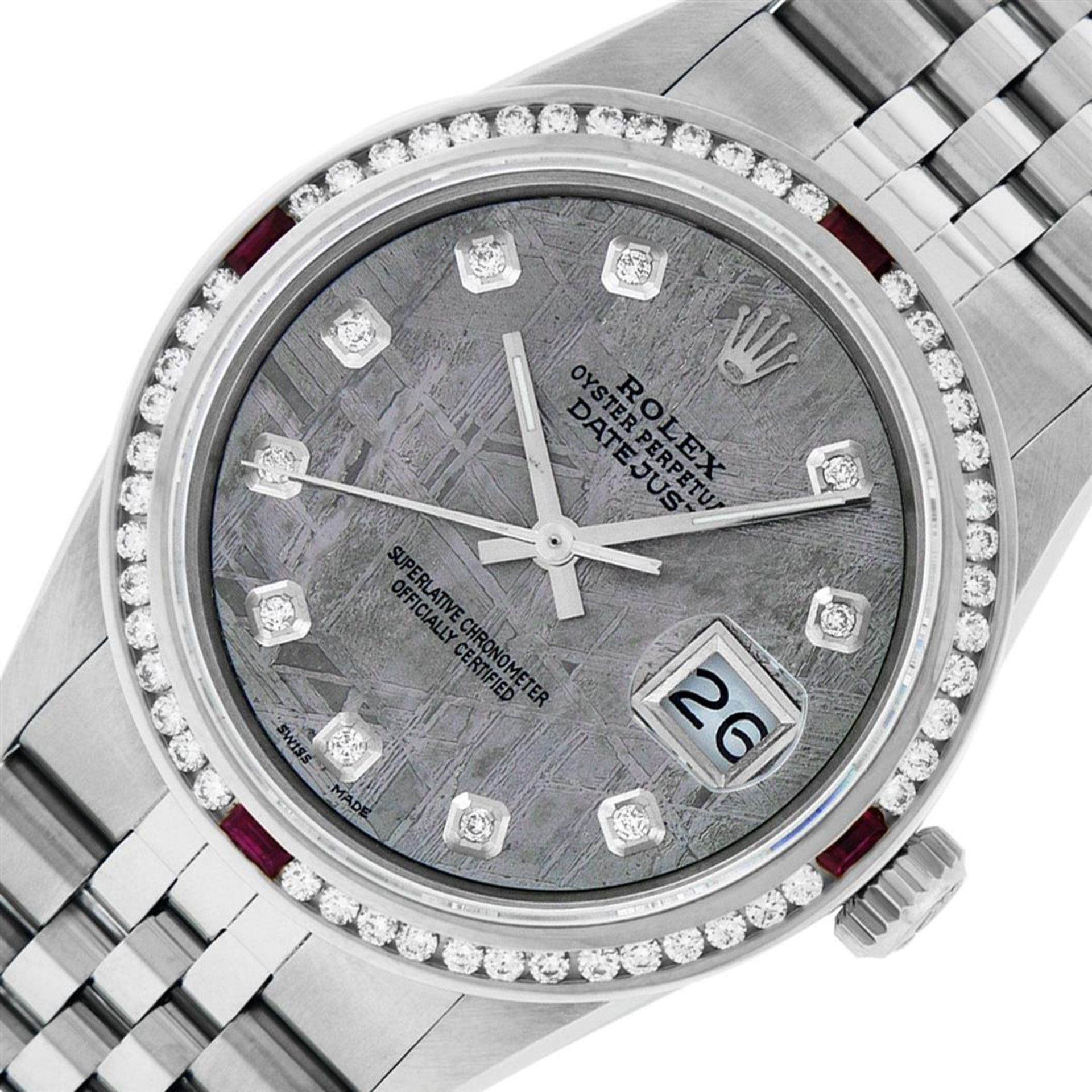 Rolex Mens SS Meteorite Diamond & Ruby Channel Set Diamond Datejust Wristwatch 3 - Image 2 of 9