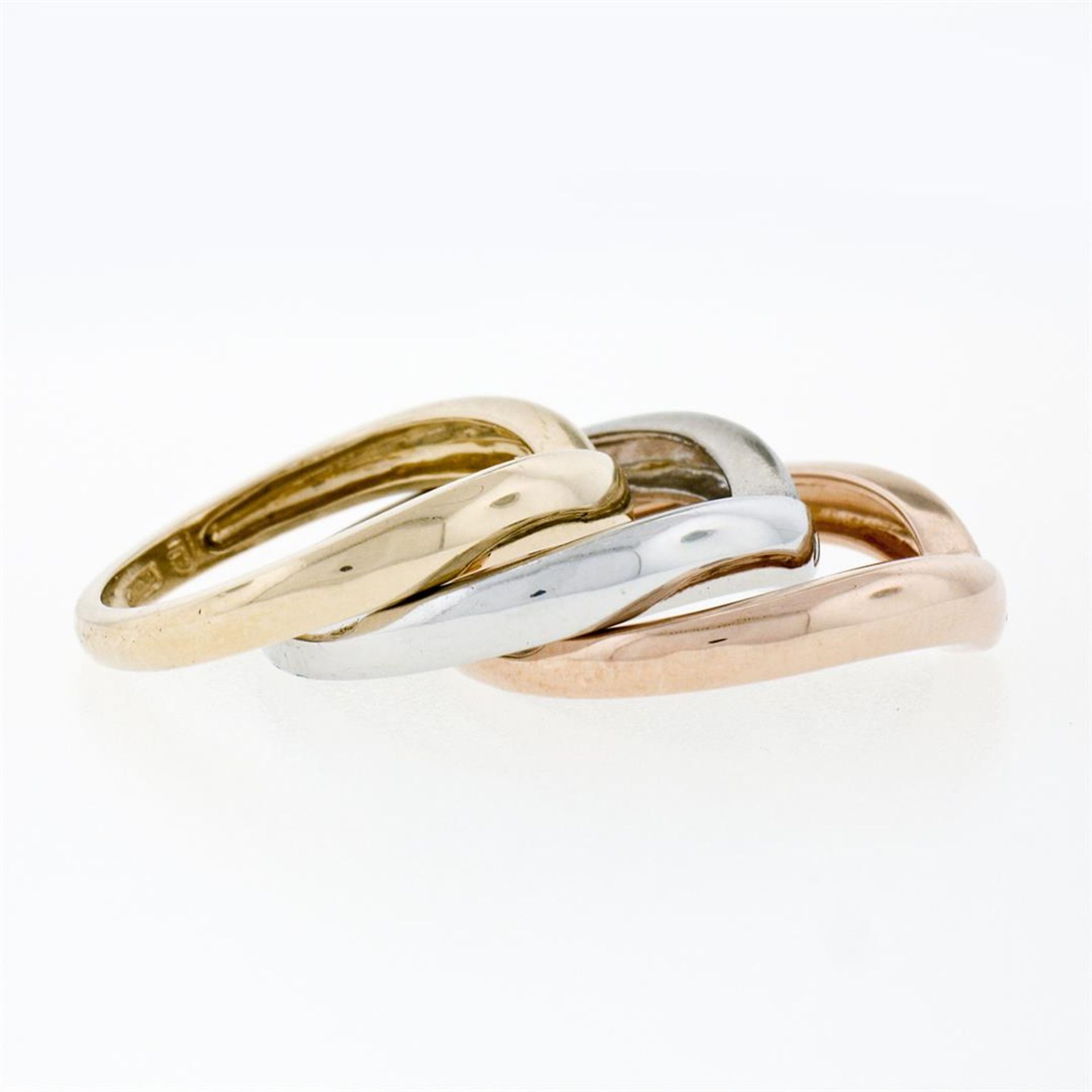 14K Tri Color Gold Burnish Diamond Polished & Sandblast 3 Stackable V Band Rings - Image 6 of 9