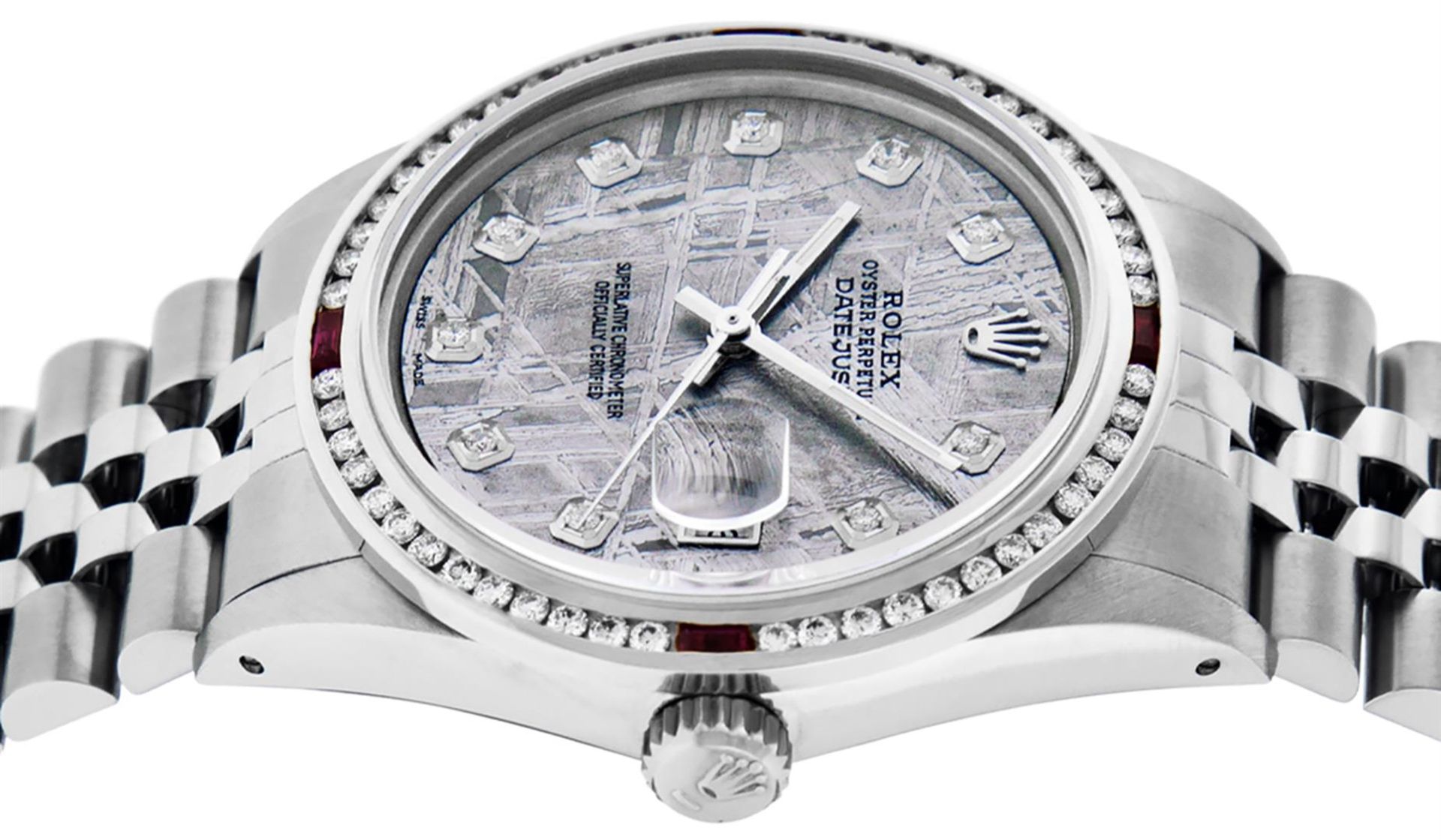 Rolex Mens SS Meteorite Diamond & Ruby Channel Set Diamond Datejust Wristwatch 3 - Image 8 of 9