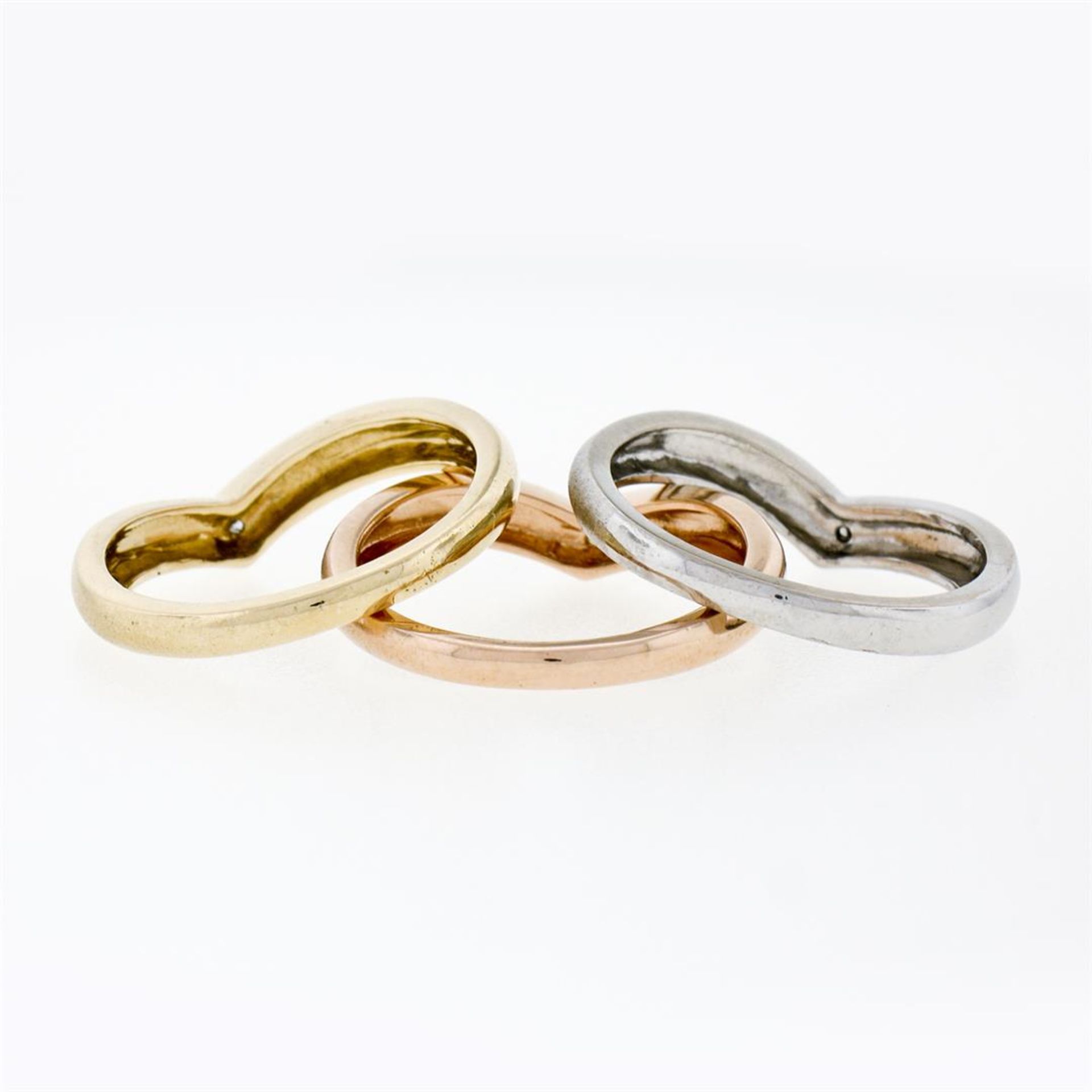 14K Tri Color Gold Burnish Diamond Polished & Sandblast 3 Stackable V Band Rings - Image 9 of 9