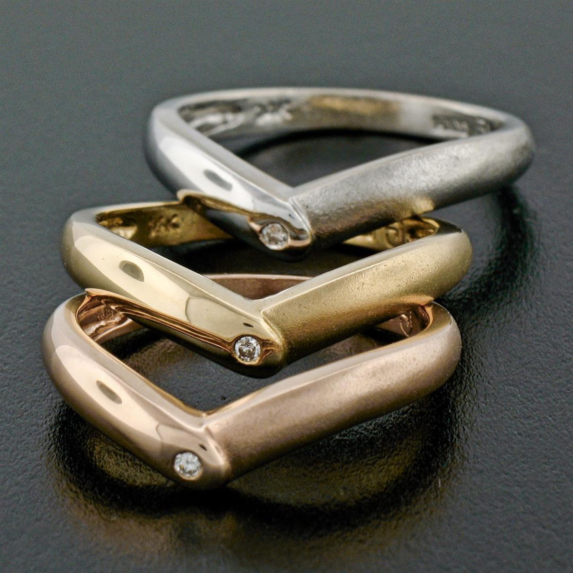 14K Tri Color Gold Burnish Diamond Polished & Sandblast 3 Stackable V Band Rings - Image 2 of 9