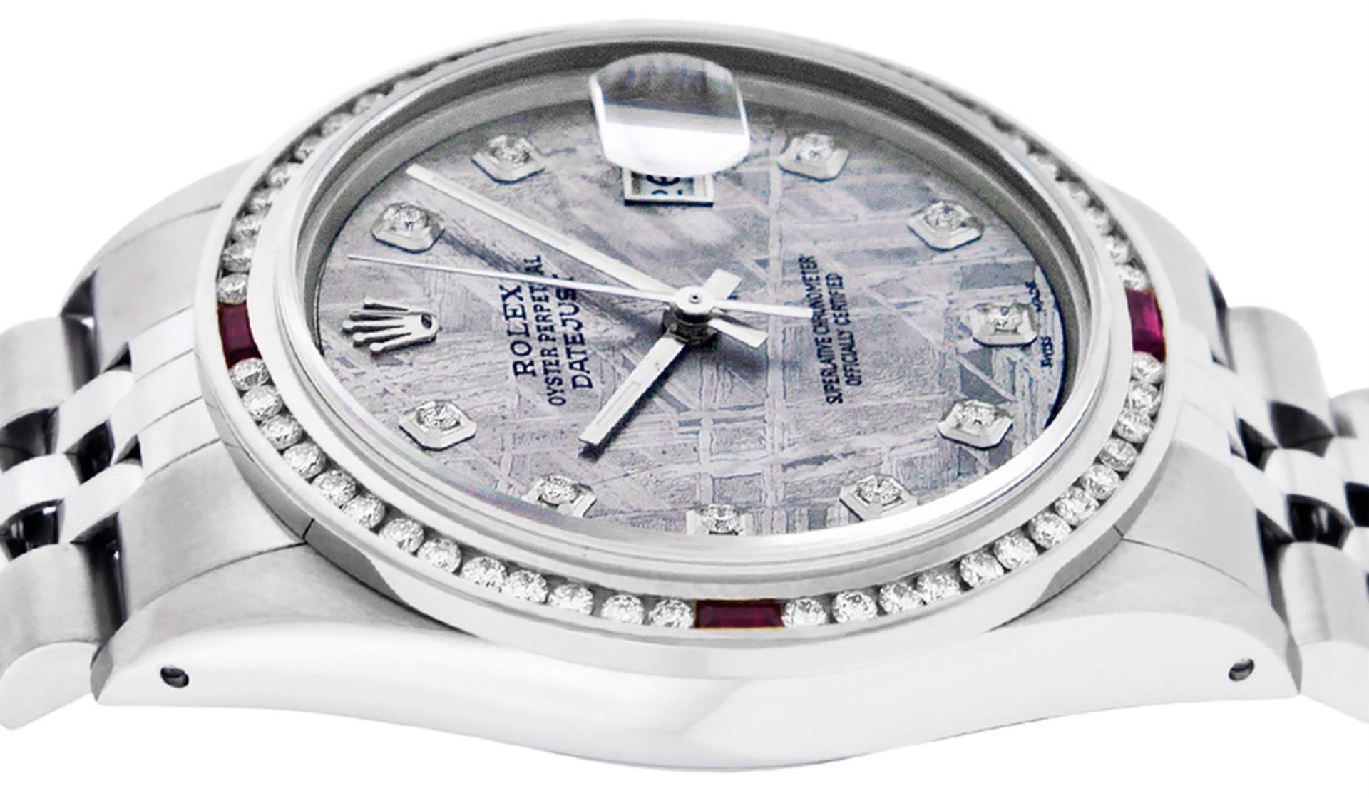 Rolex Mens SS Meteorite Diamond & Ruby Channel Set Diamond Datejust Wristwatch 3 - Image 9 of 9