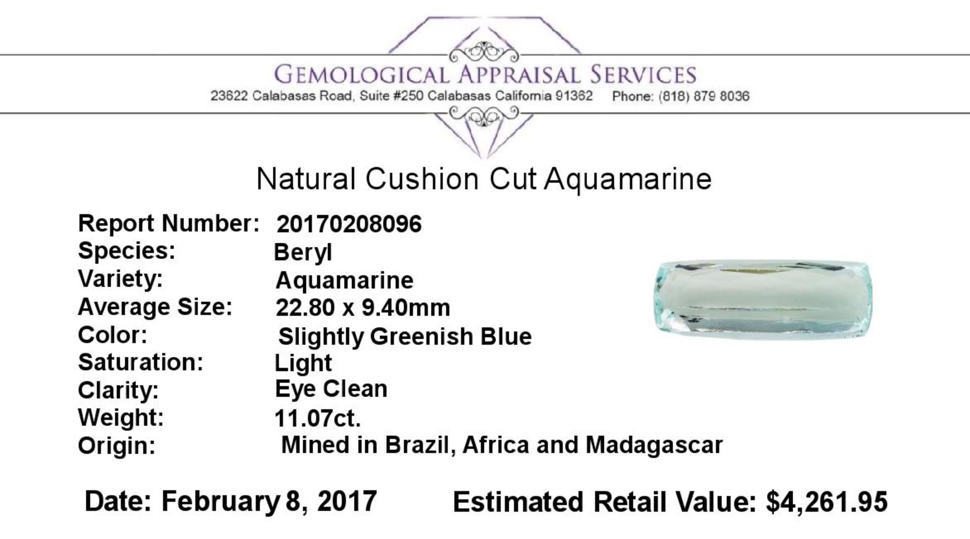 11.07 ct.Natural Cushion Cut Aquamarine - Image 2 of 2