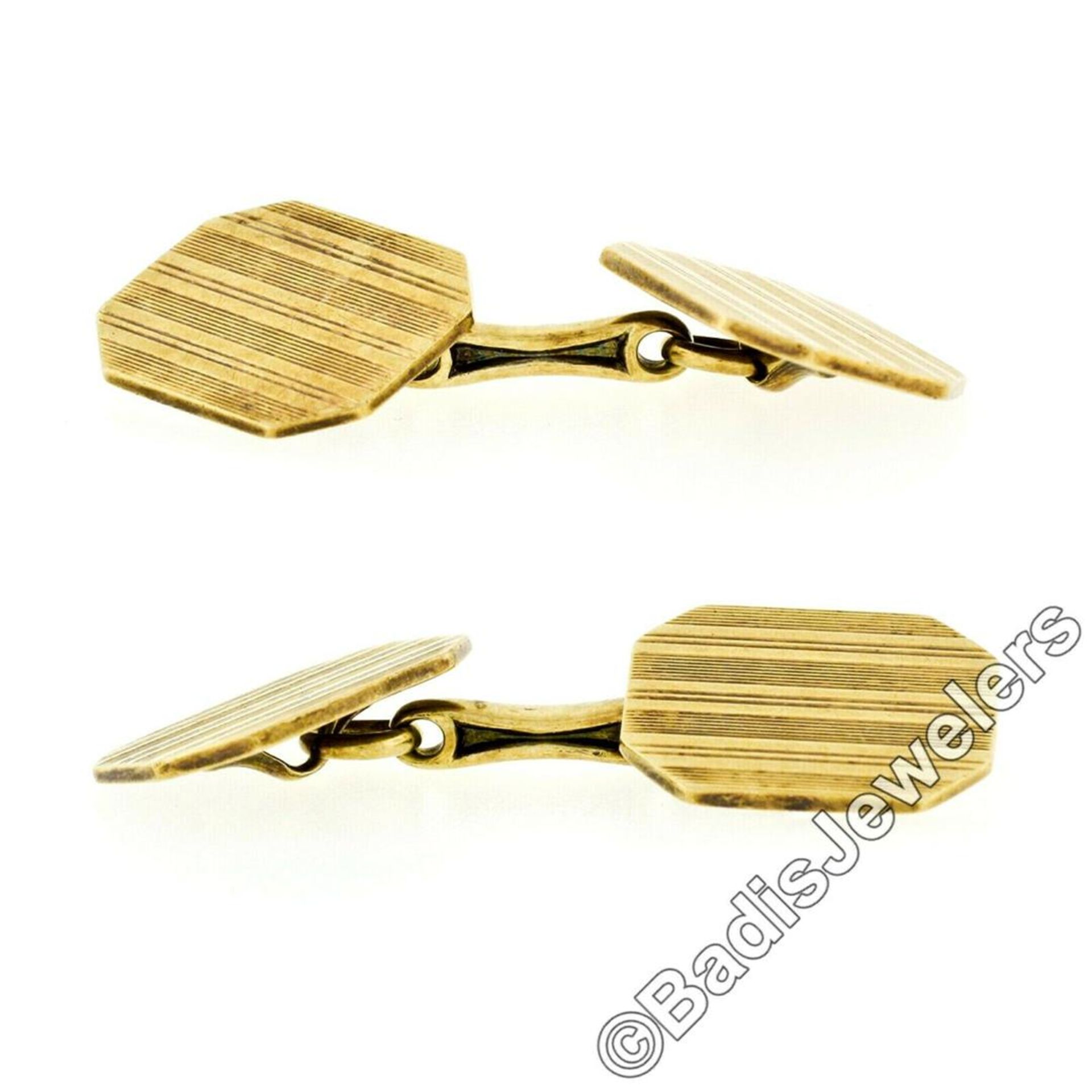 Art Deco 14kt Yellow Gold Grooved Dual Rectangular Panel Cuff Links - Image 3 of 4