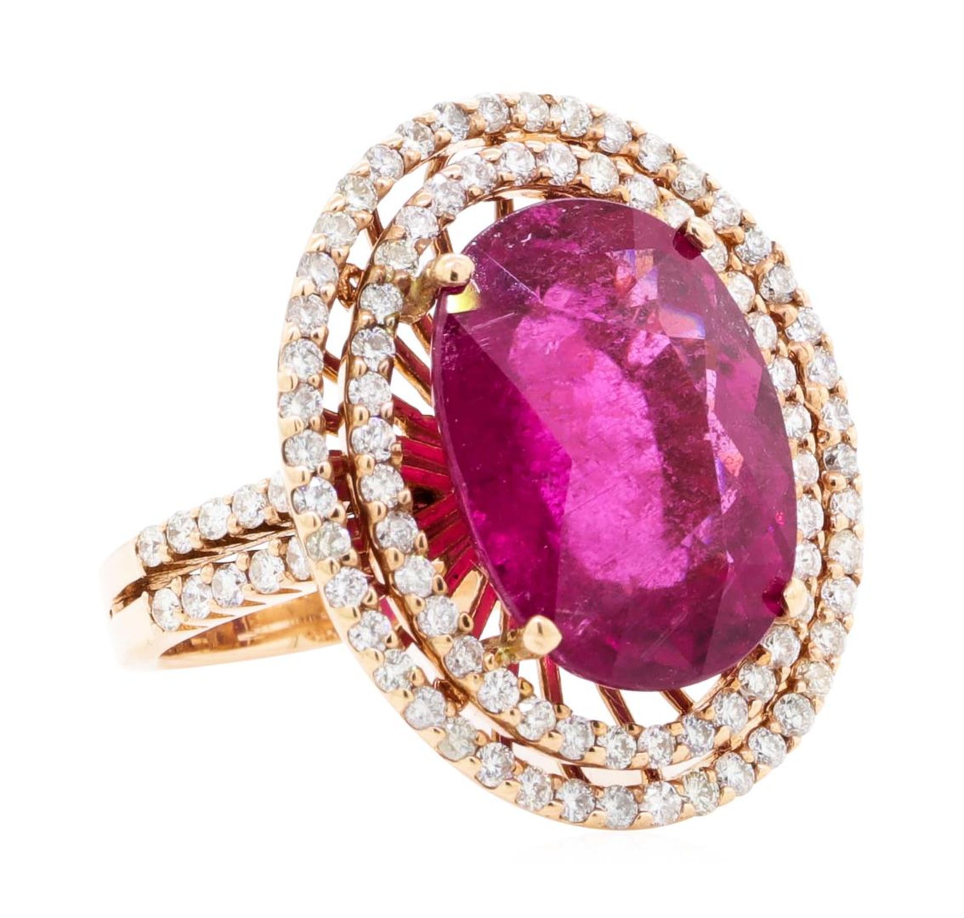 8.69 ctw Oval Mixed Rubellite And Round Brilliant Cut Diamond Ring - 14KT Rose G