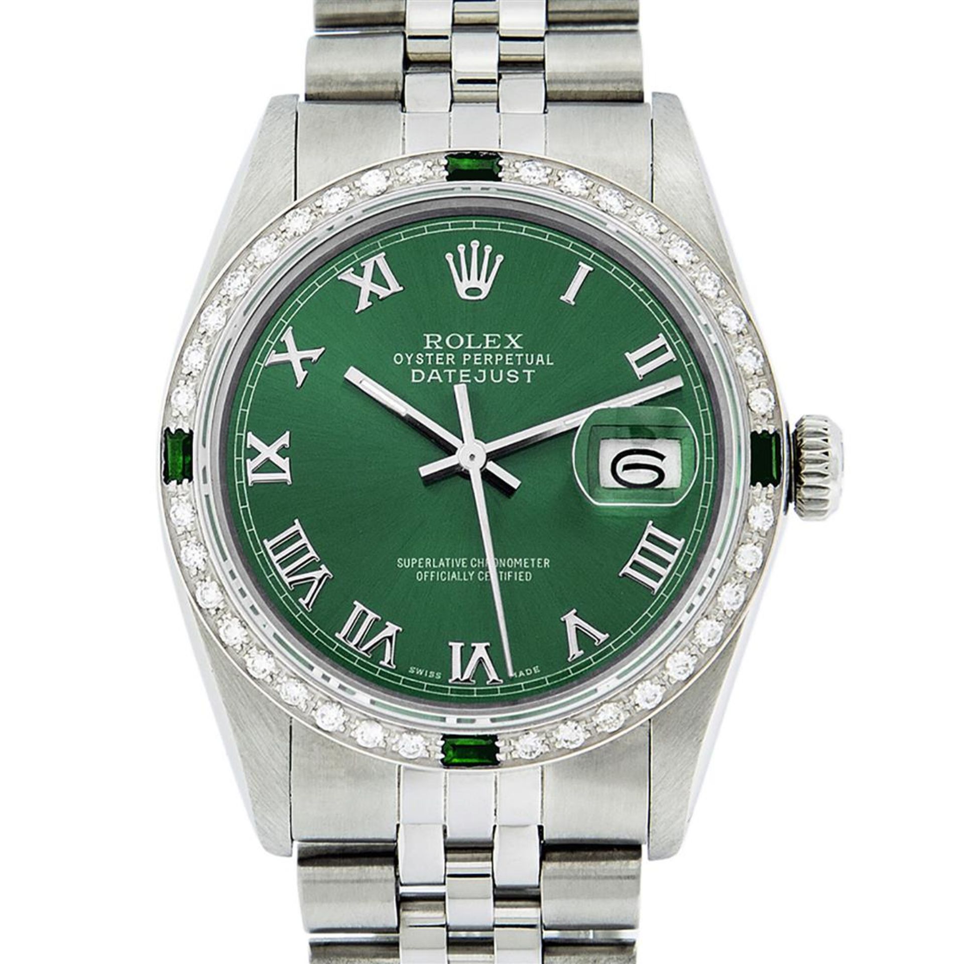 Rolex Mens Stainless Steel Green Roman Diamond & Emerald Datejust Wristwatch - Image 2 of 9