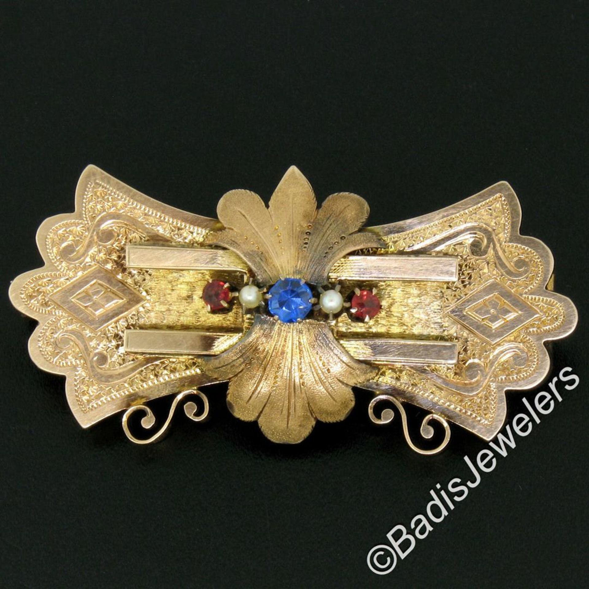 Antique Victorian Engraved Etched 9k Rose Gold Sapphire Ruby & Pearl Brooch Pin - Image 2 of 8