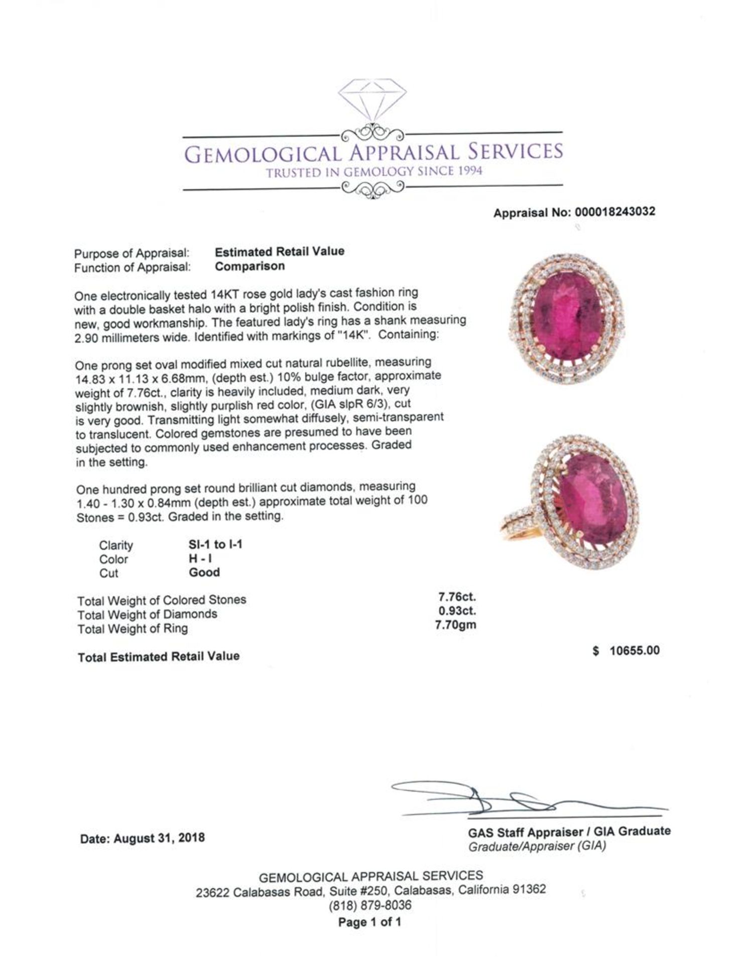 8.69 ctw Oval Mixed Rubellite And Round Brilliant Cut Diamond Ring - 14KT Rose G - Image 5 of 5