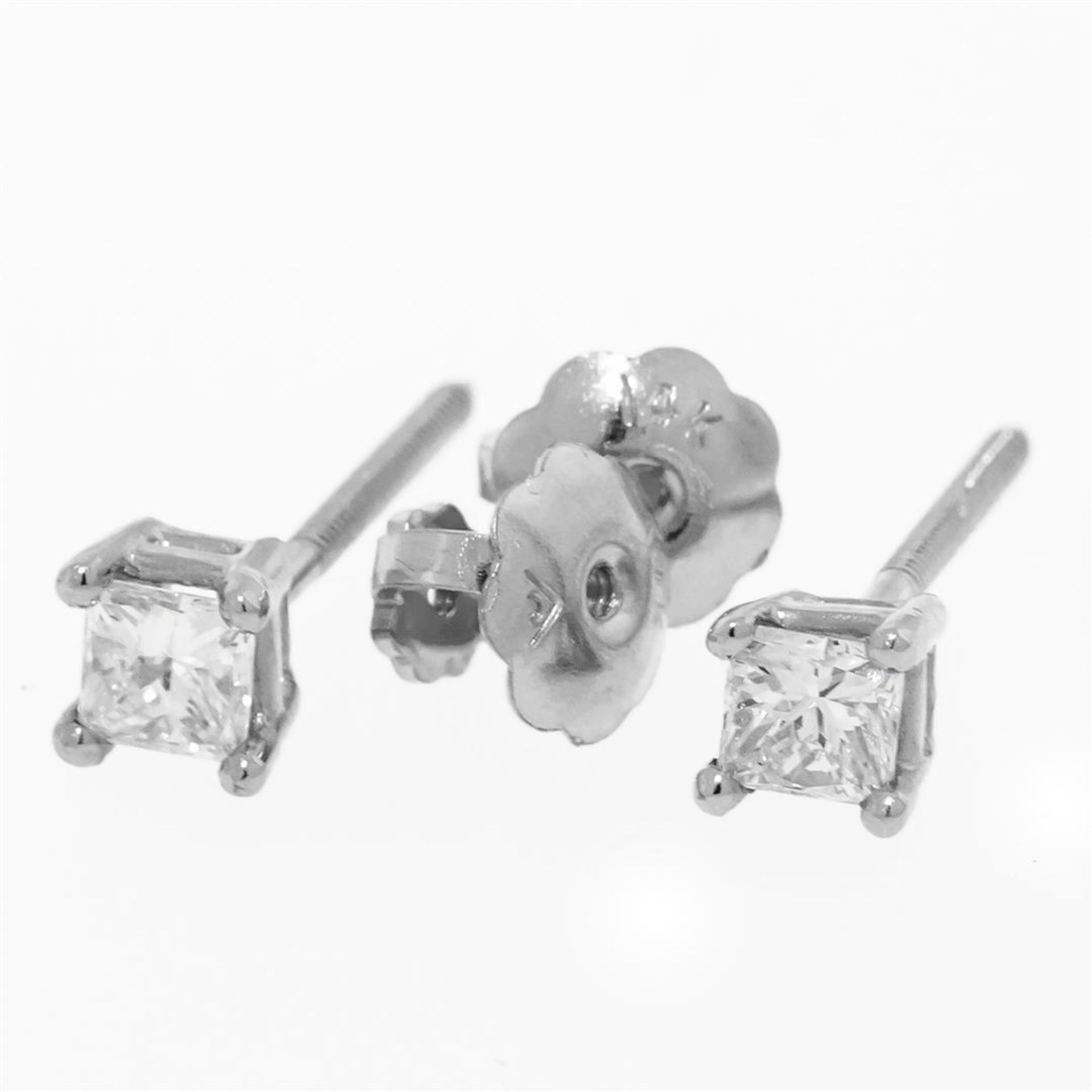 New 14K White Gold Princess Cut Solitaire Stud Earrings