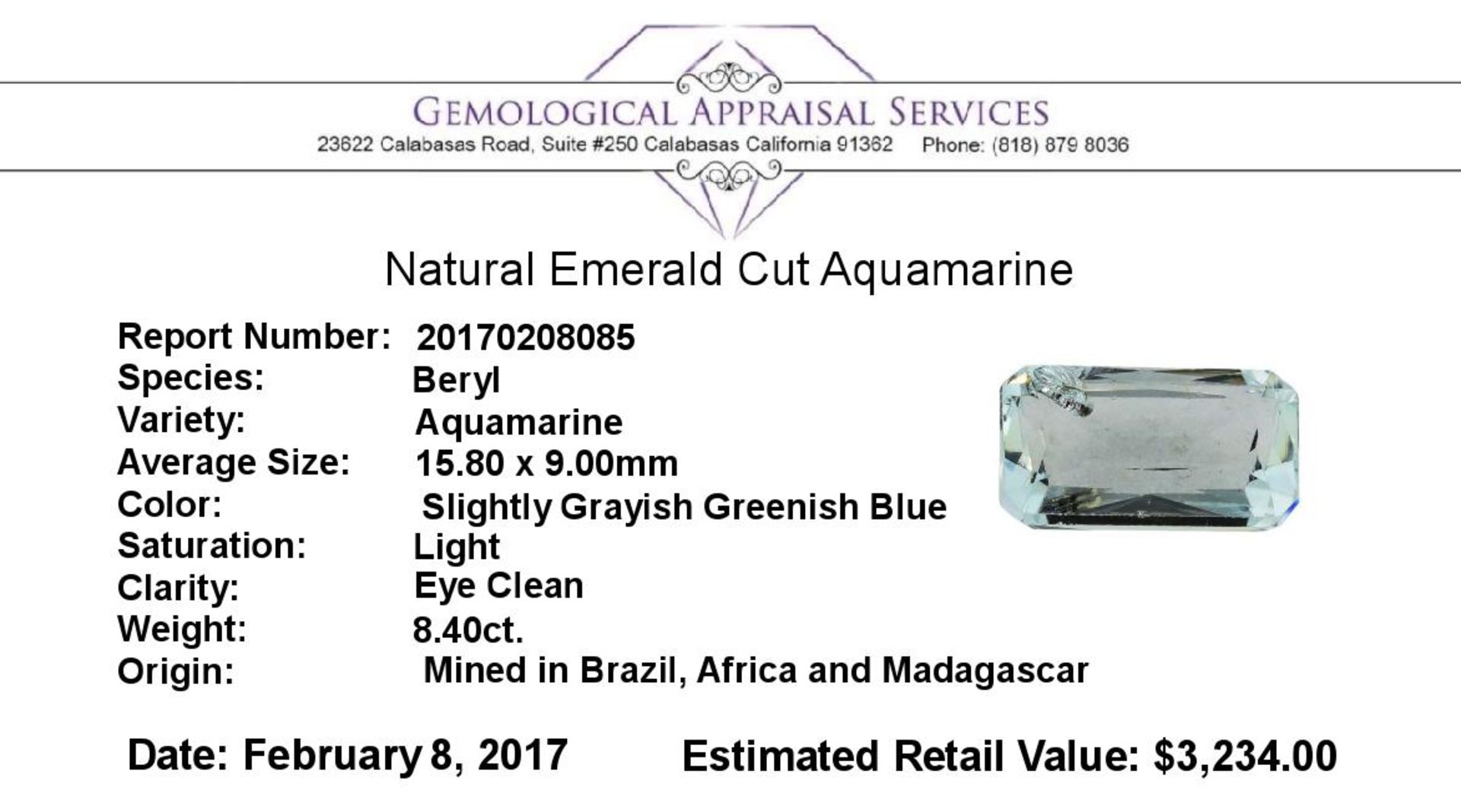 8.40 ct.Natural Emerald Cut Aquamarine - Image 2 of 2